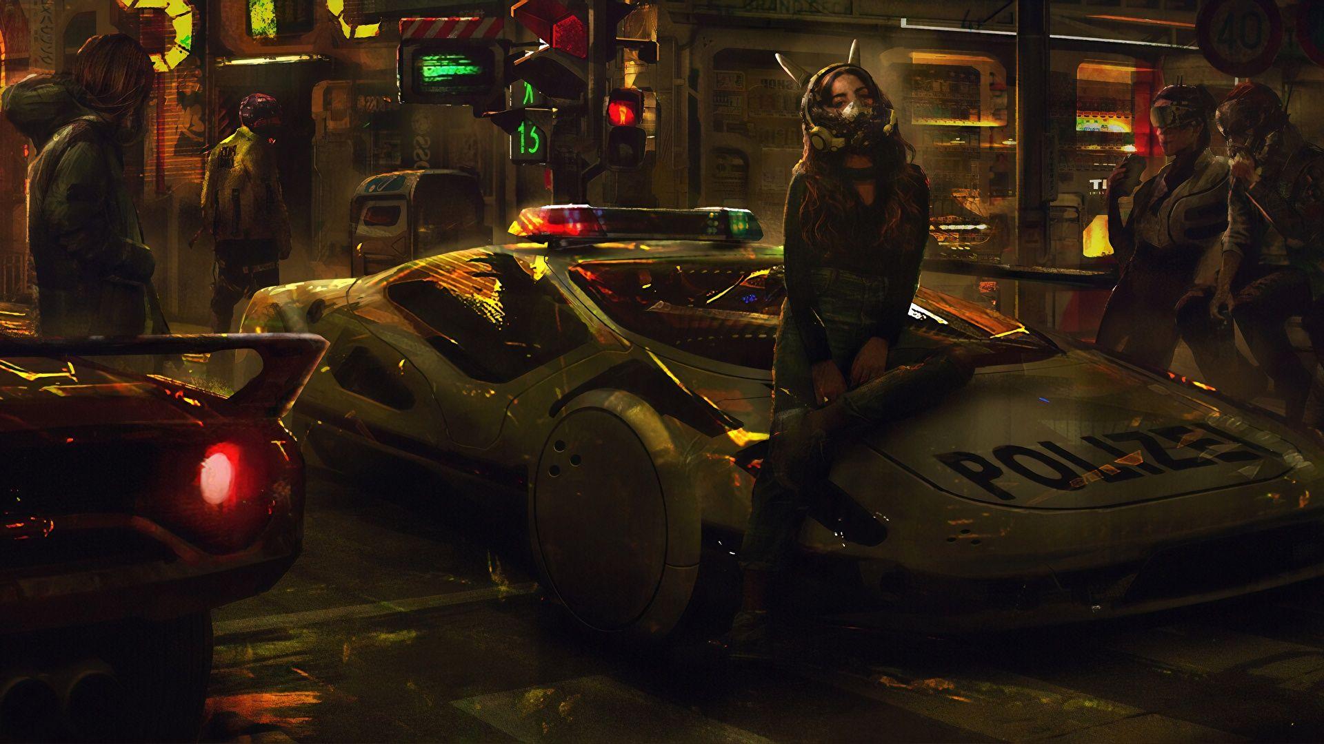 1920x1080 Picture Cars Police Fantasy Cyberpunk sit Girls 1920x1080