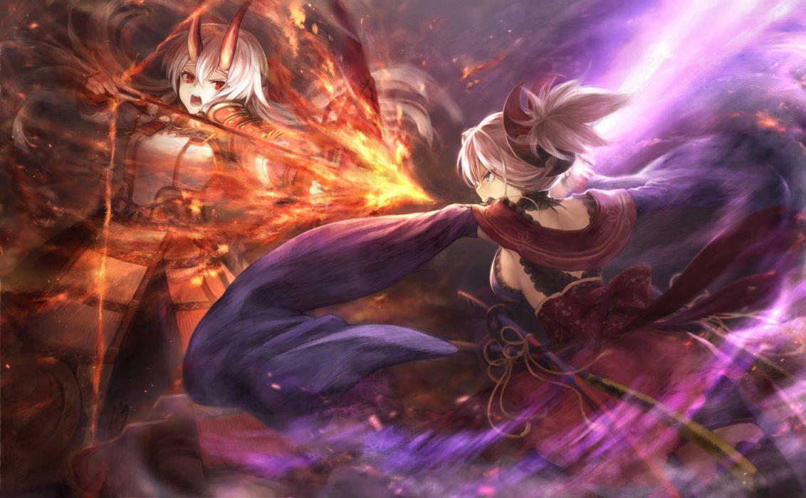 1132x700 2girls armor blue eyes bow (weapon) demon fire