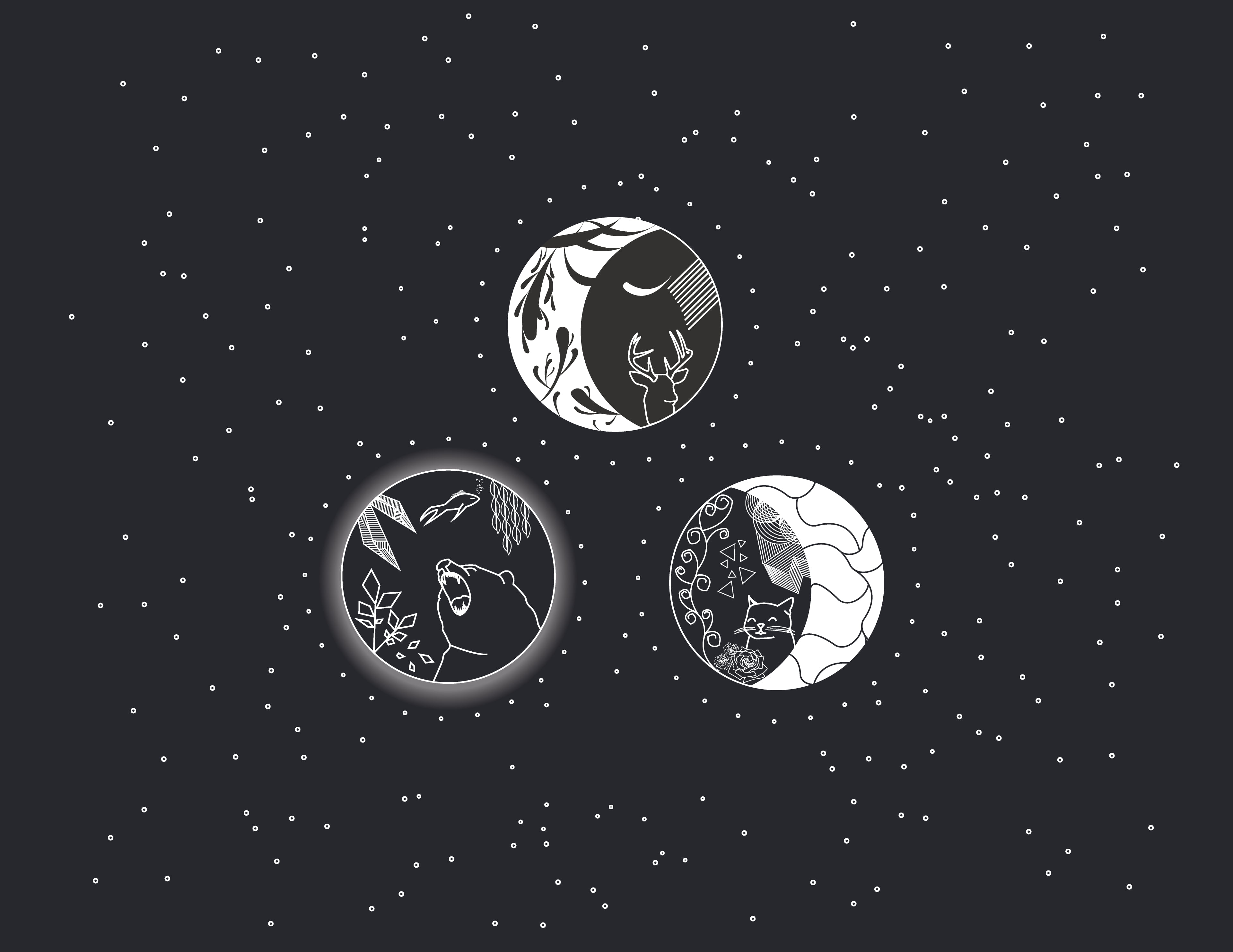 3840x2967 White and black star illustration, Moon, cat eyes, bears, deer HD wallpaper