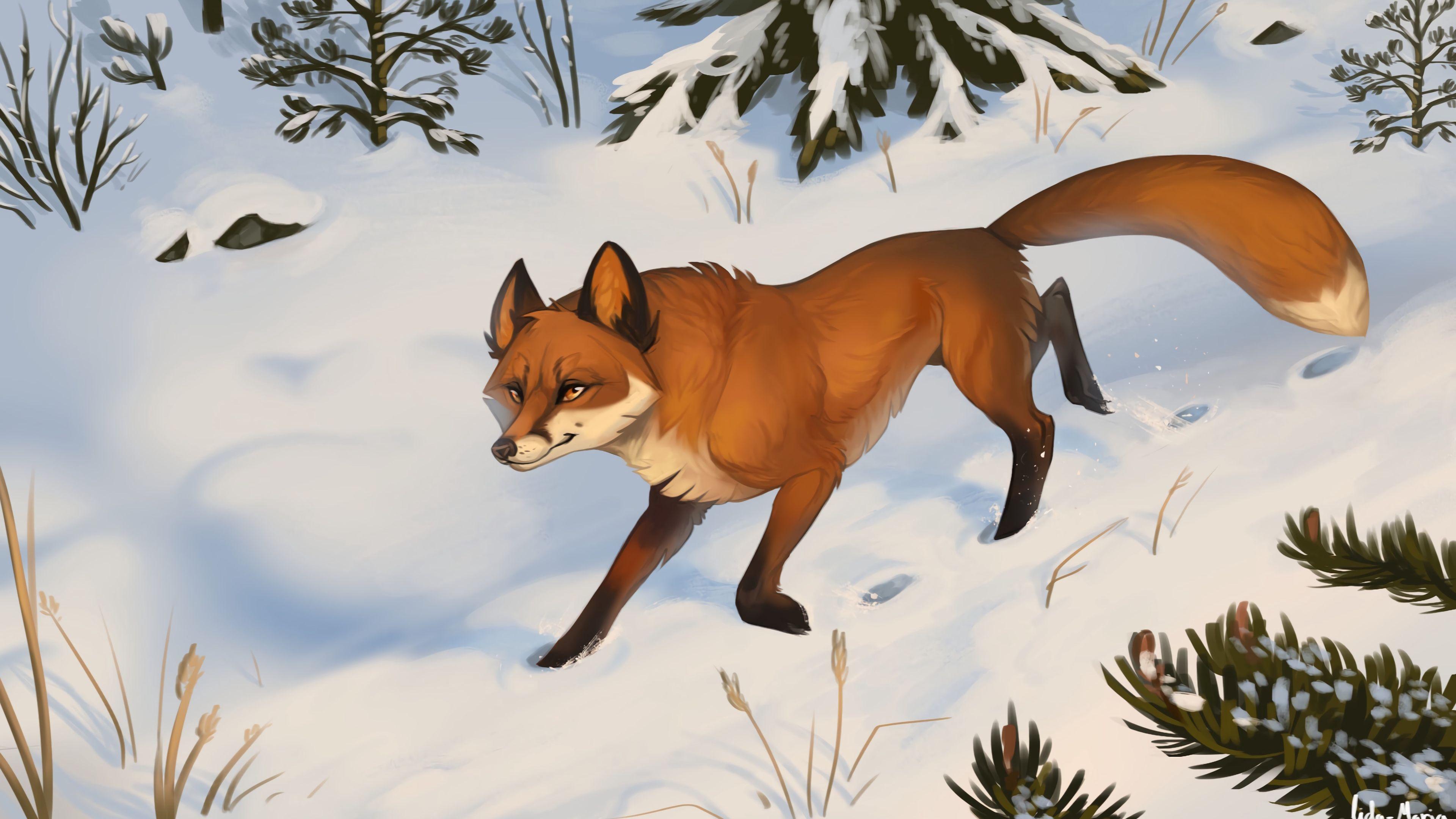 3840x2160 Download wallpaper 3840x2160 fox, snow, art, forest, winter 4k uhd