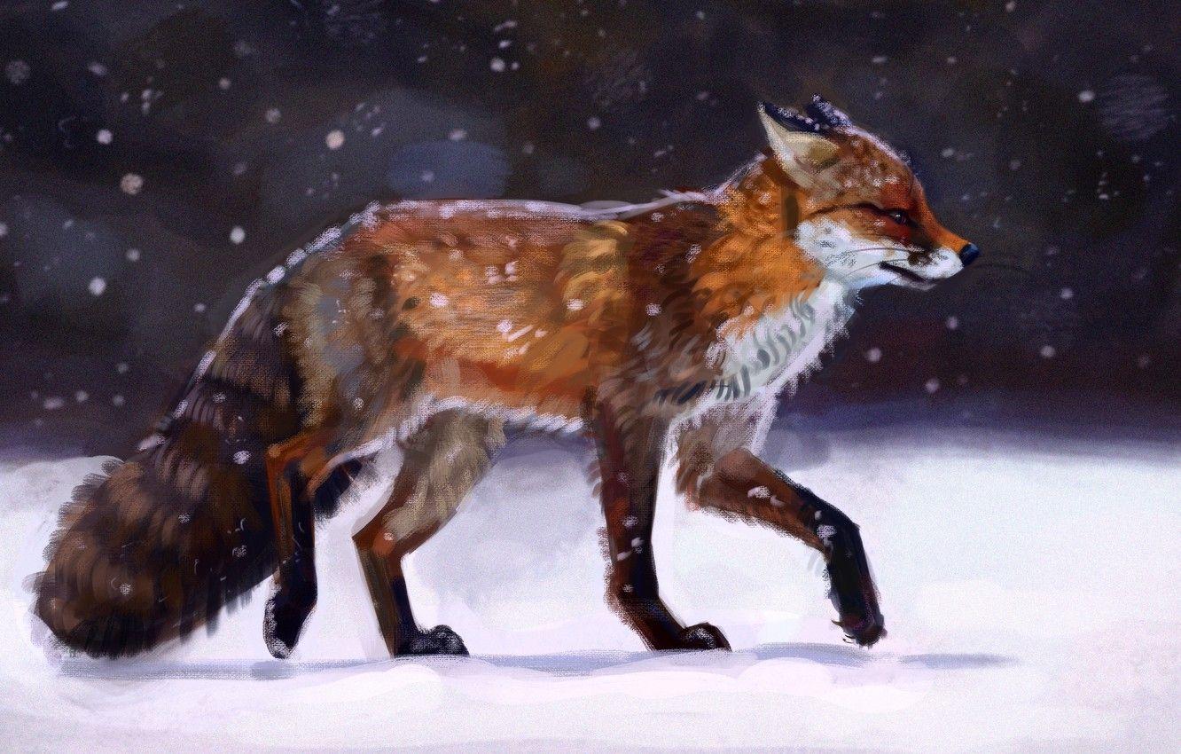 1332x850 Wallpaper fox, art, winter, snow, animal, painting, wildlife