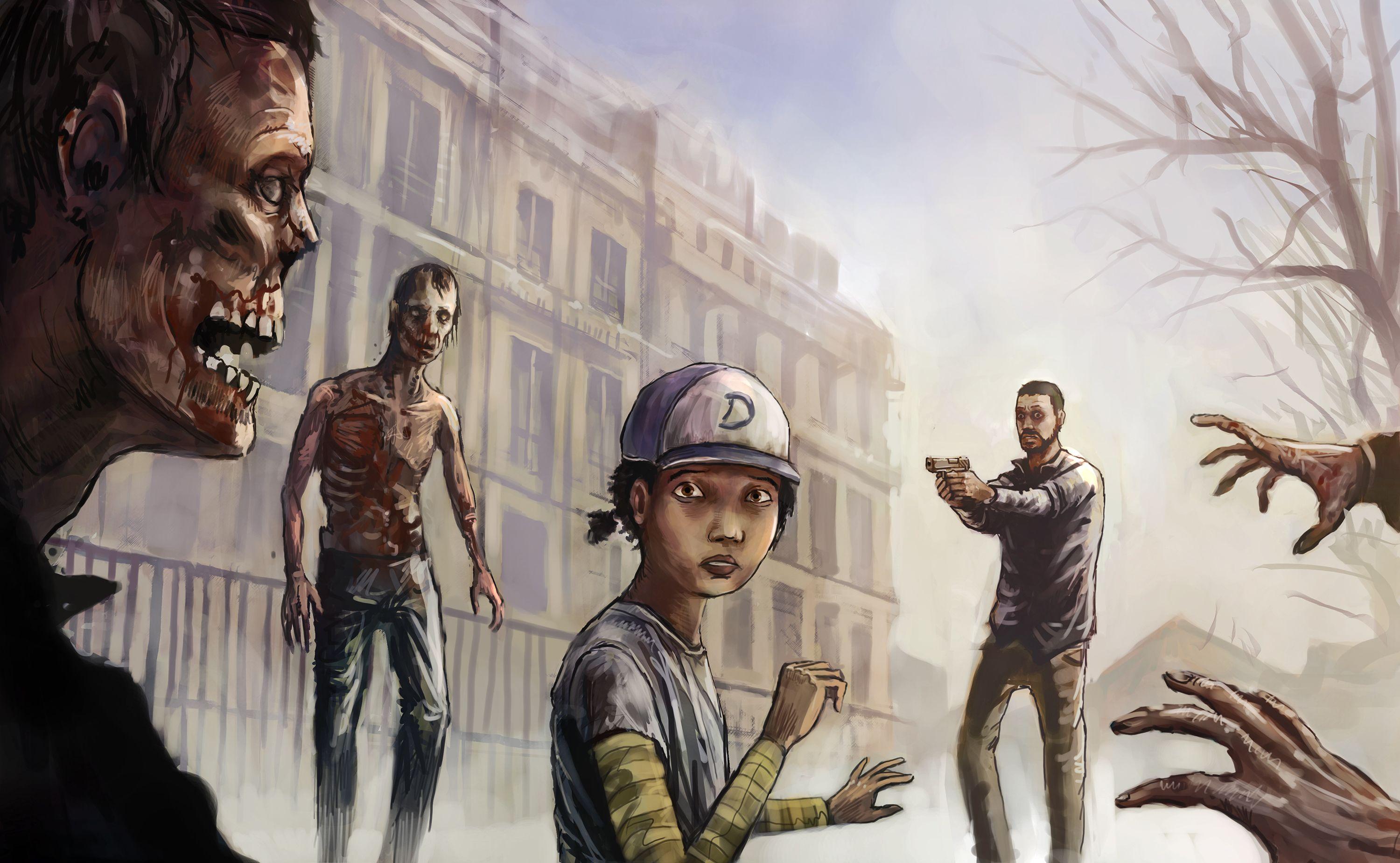 3000x1849 The Walking Dead art girl man zombies building zombie wallpaper