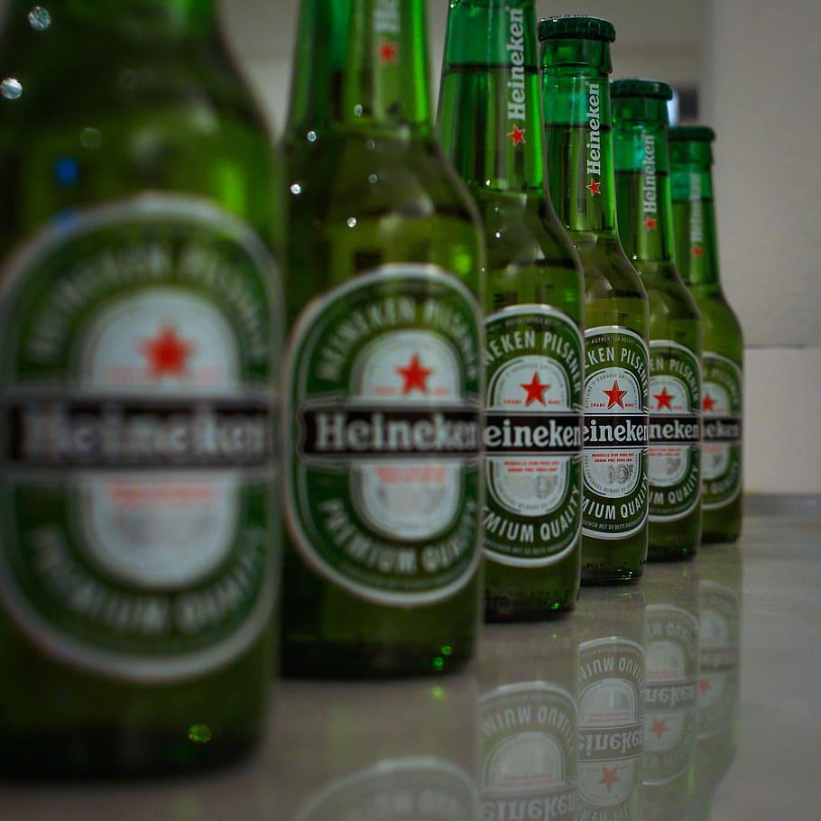 910x910 HD wallpaper: Heineken bottle lot, beer, green, drink, drinking