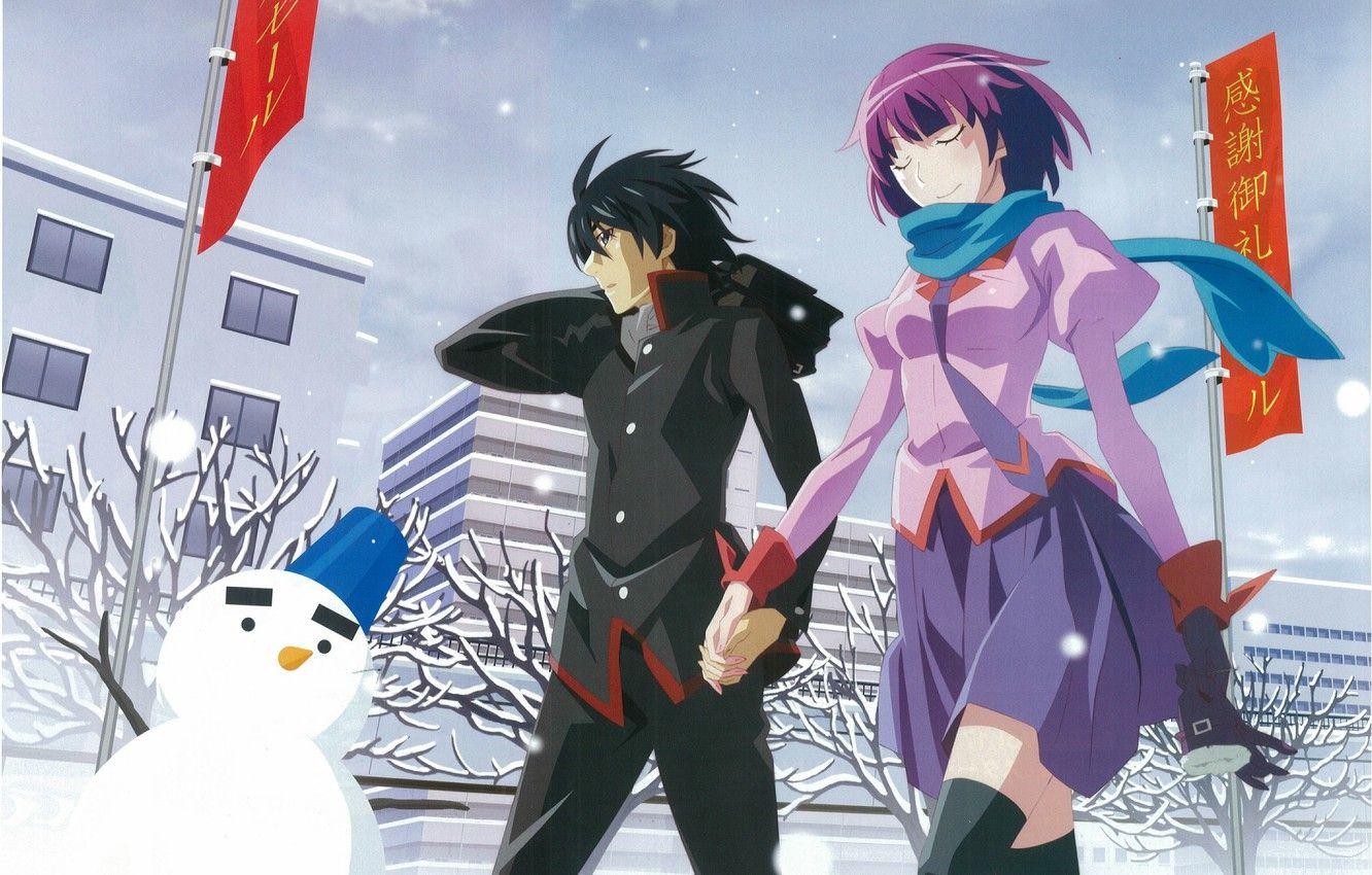 1332x850 Wallpaper winter, snow, street, snowman, flags, walk, date, students, Bakemonogatari, Koyomi Araragi, History of monsters, Hitagi Senjougahara image for desktop, section сёнэн