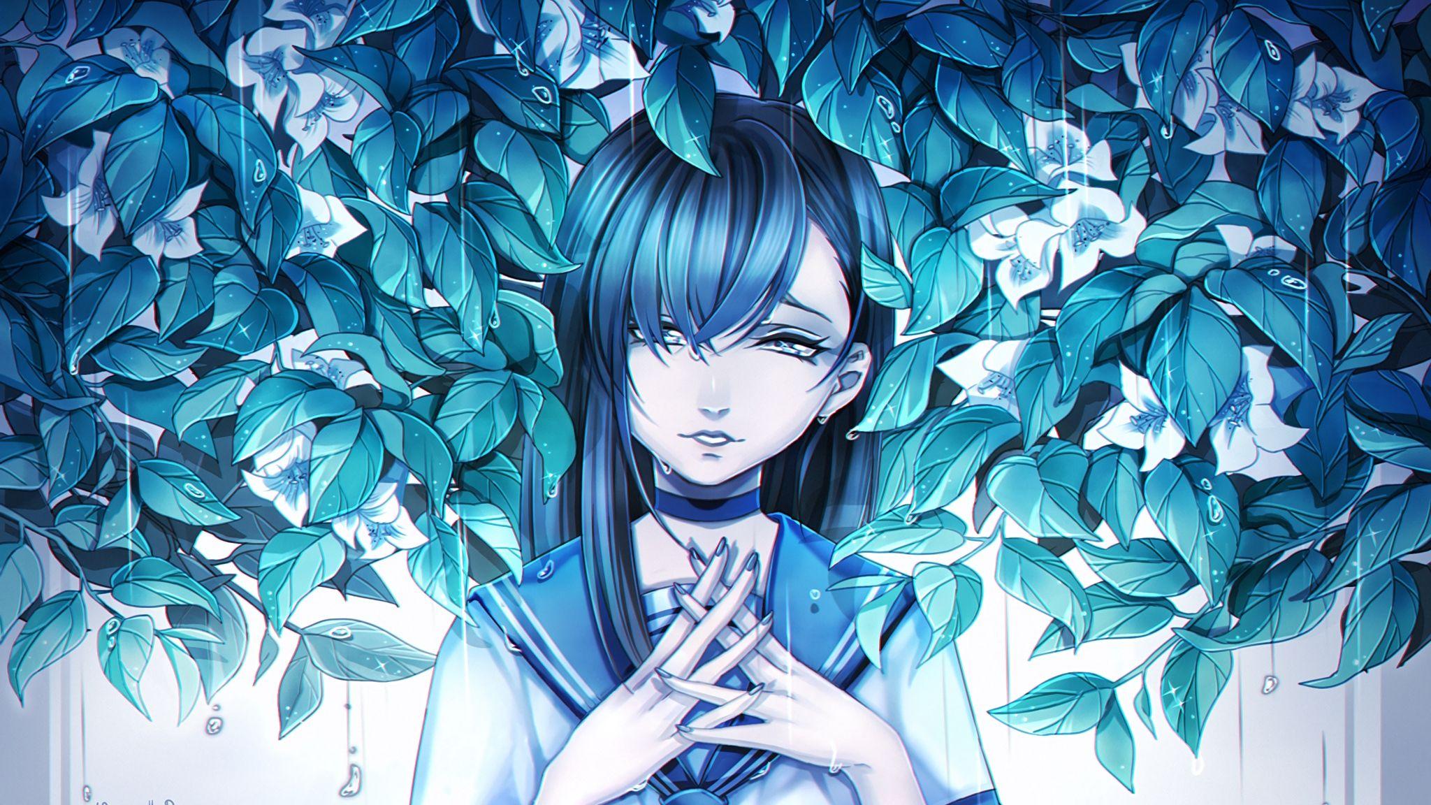2048x1152 Wallpaper Girl, Anime, Sadness, Leaves, Art Anime Wallpaper