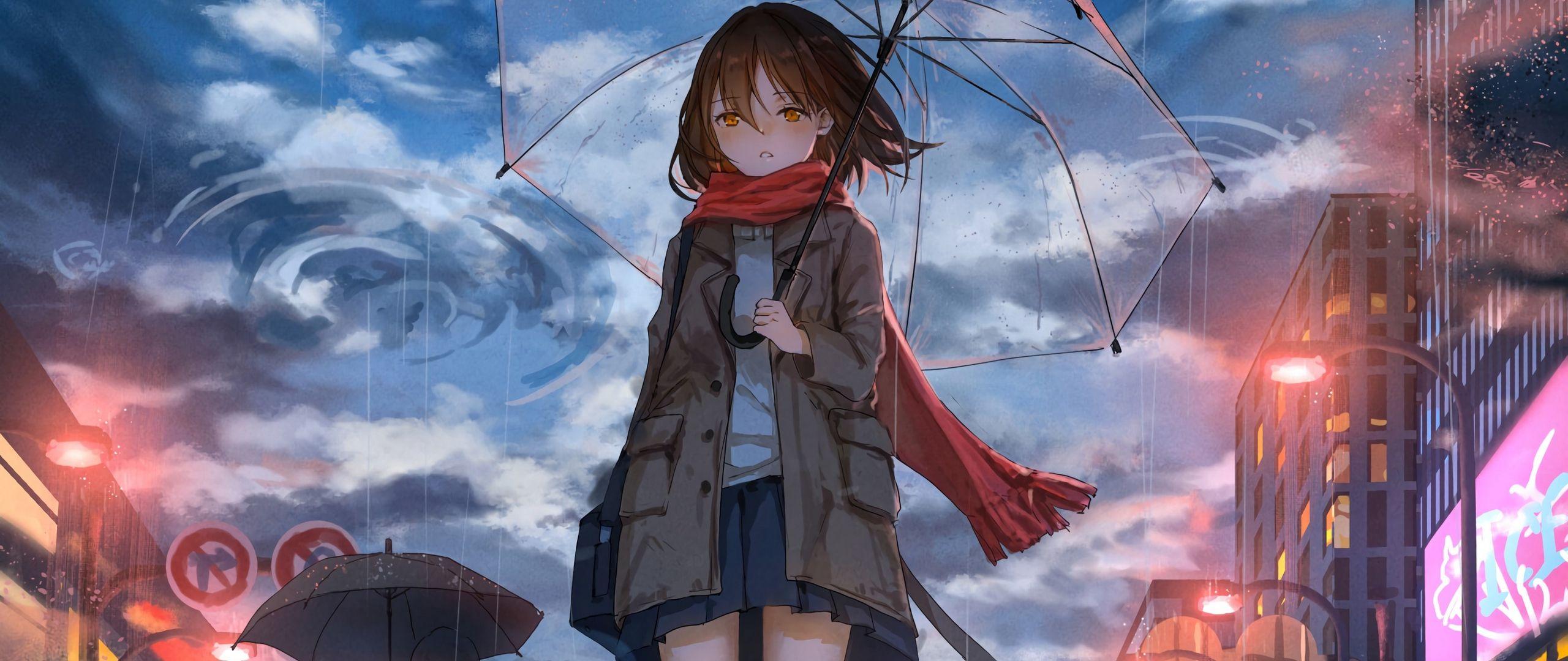 2560x1080 Download wallpaper 2560x1080 girl, umbrella, anime, rain, sadness