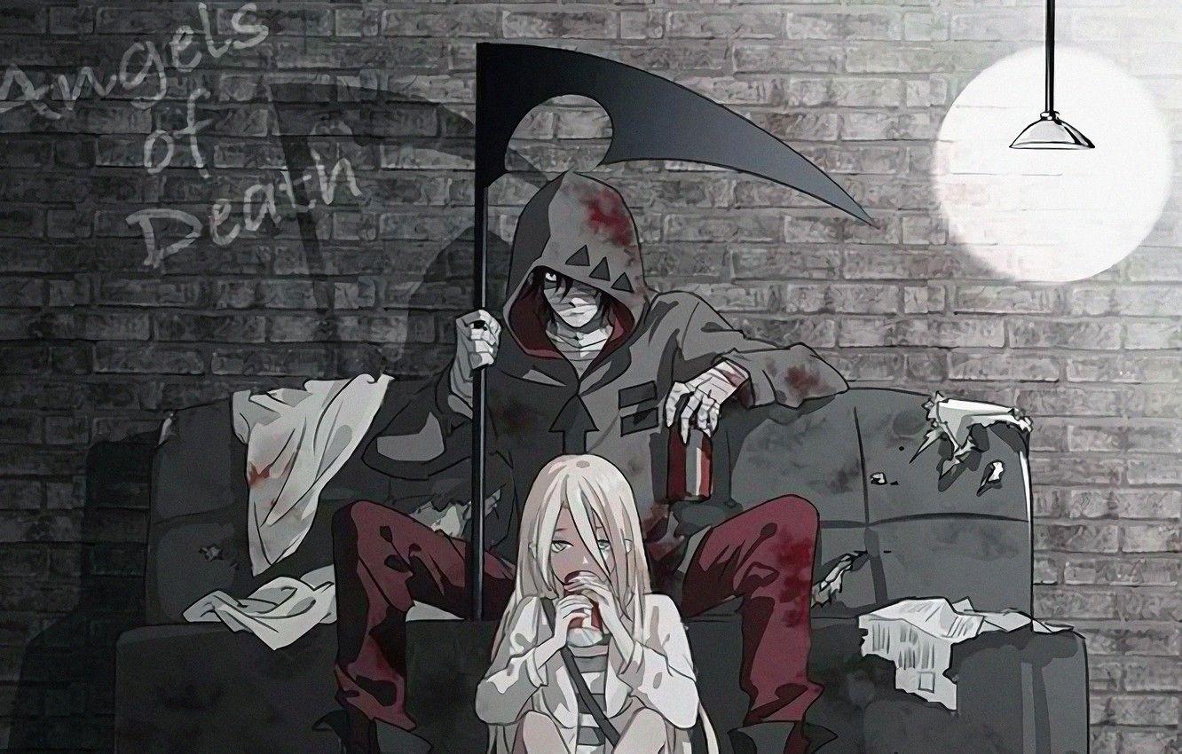 1332x850 Wallpaper light, girl, wall, fantasy, bricks, anime, boy, couple, artwork, couch, angel of death, hood, bandages, light bulb, sickle, Satsuriku no Tenshi image for desktop, section сёнэн