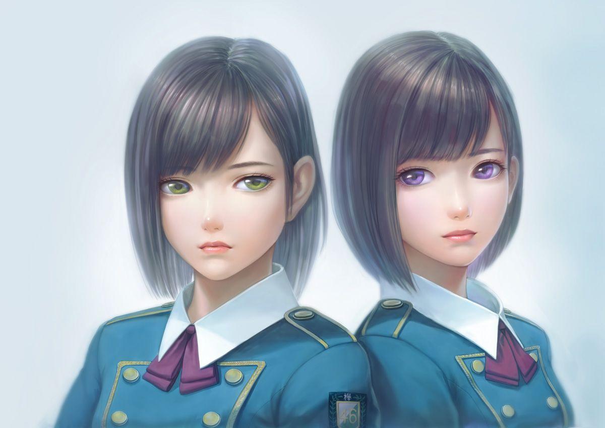 1200x848 2girls black hair green eyes keyakizaka46 purple eyes realistic