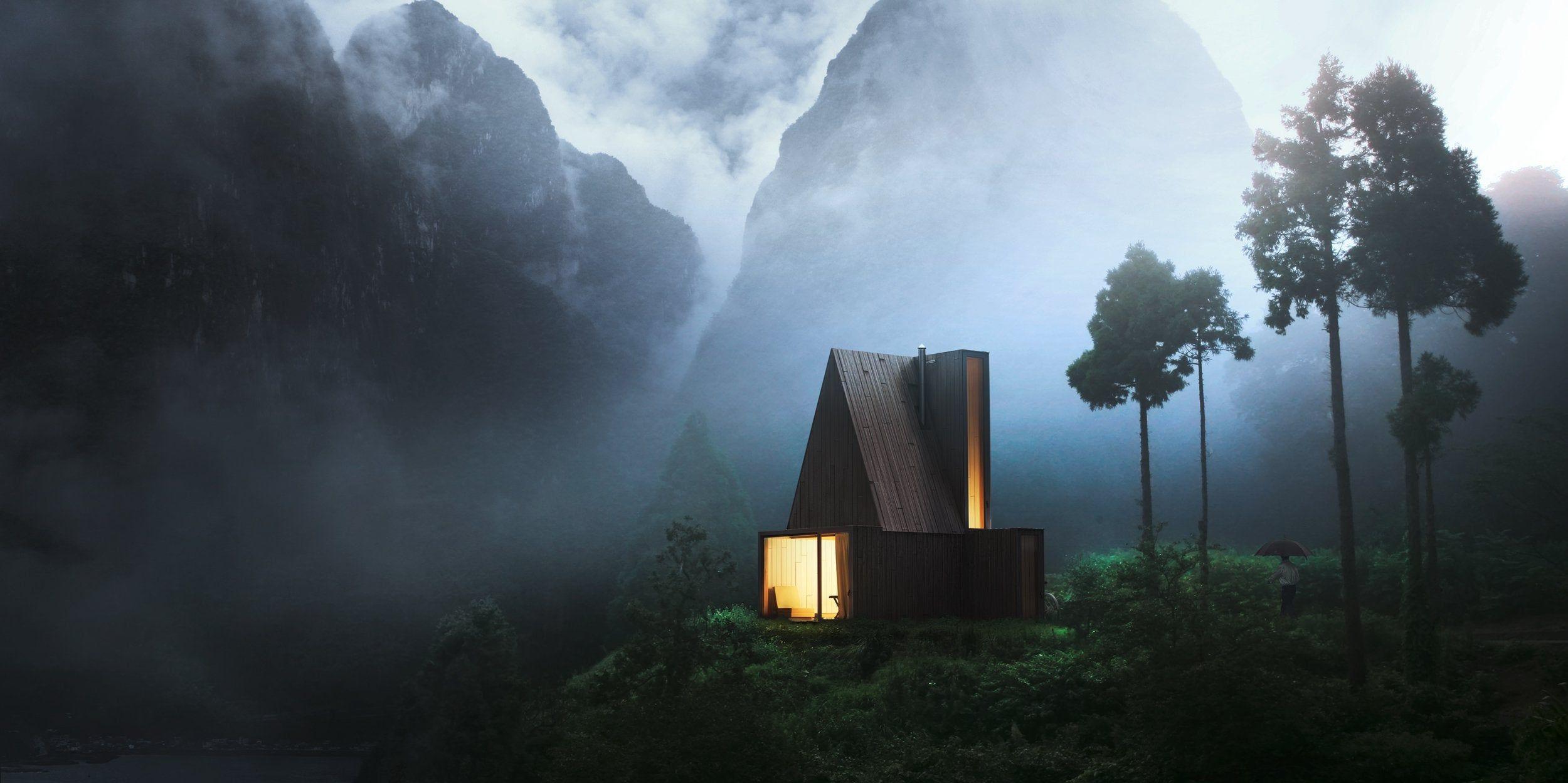 2500x1248 Modern Cabin in the woods [2500x1248] (my wallpaper): CabinPorn