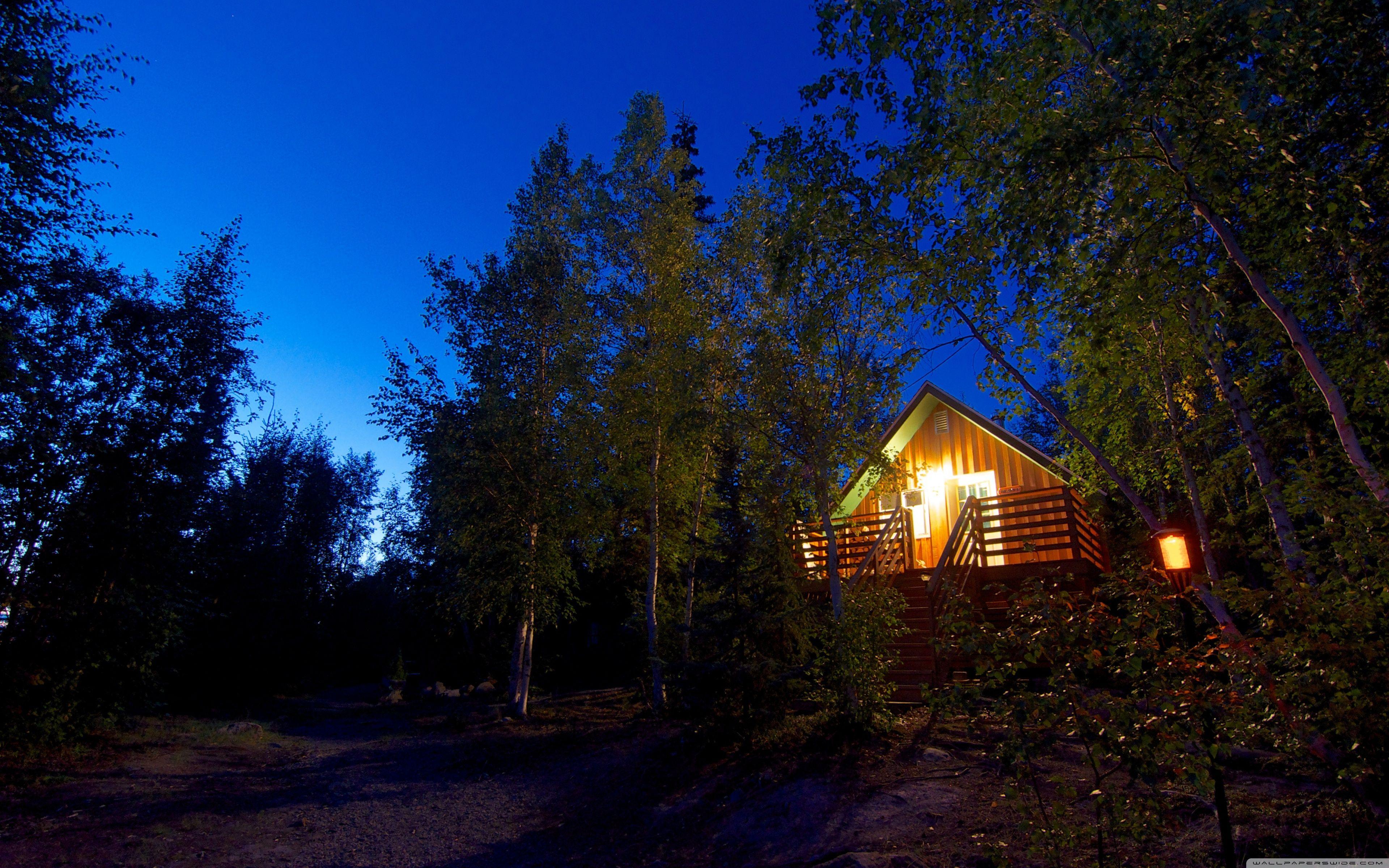 3840x2400 Download Cabin In The Woods Night UltraHD Wallpaper