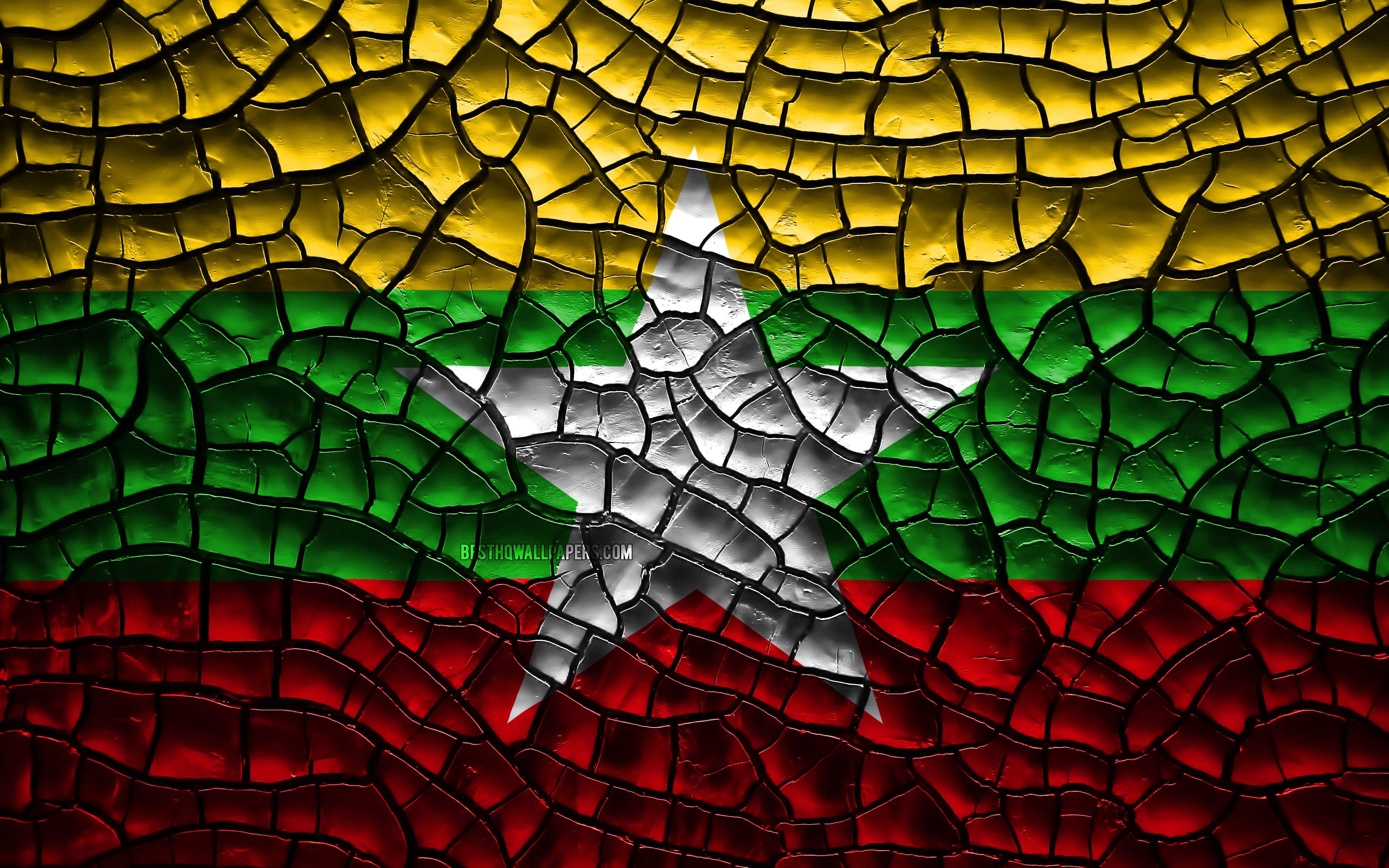 3840x2400 Download wallpaper Flag of Myanmar, 4k, cracked soil, Asia
