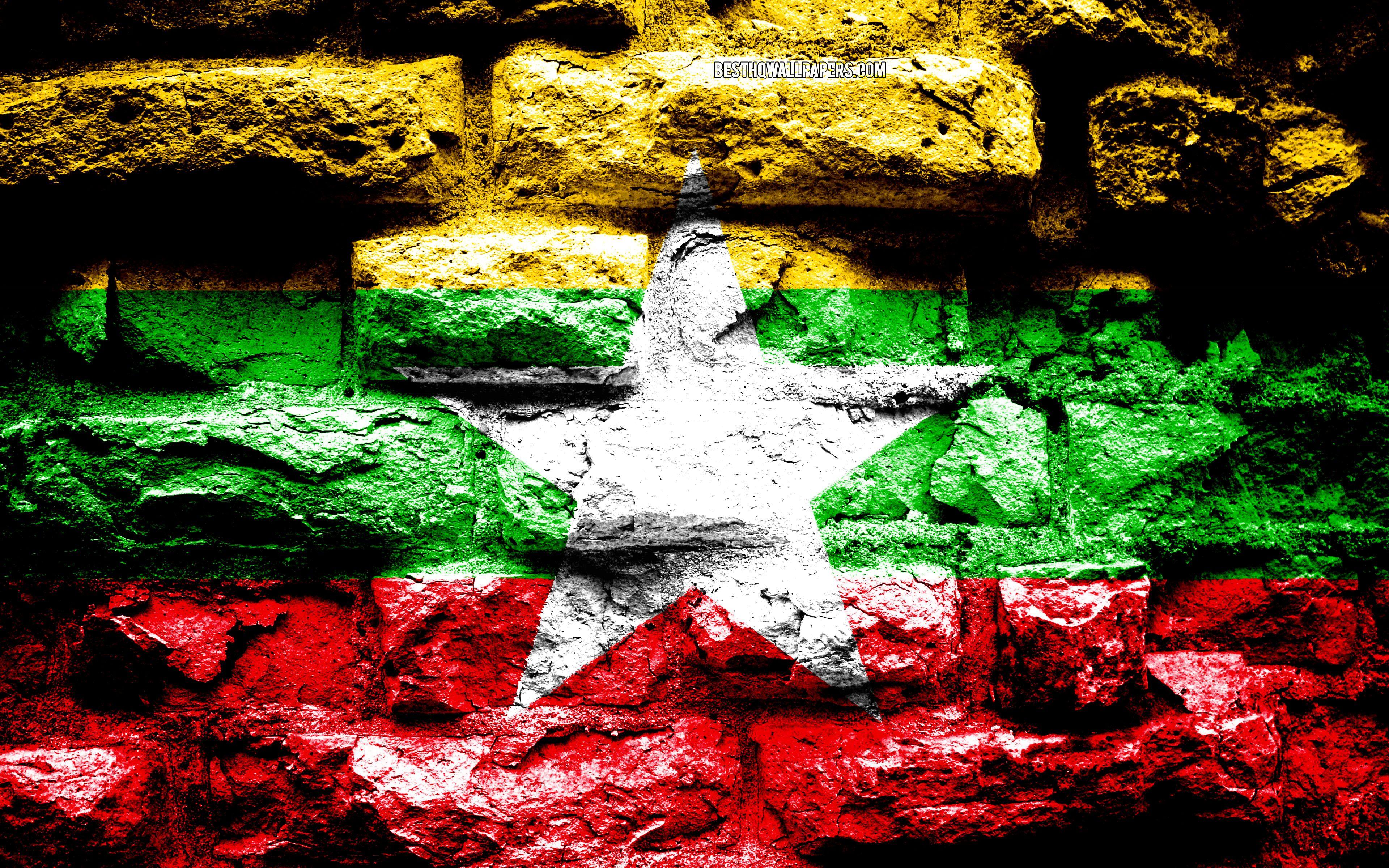 3840x2400 Download wallpaper Empire of Myanmar, grunge brick texture, Flag