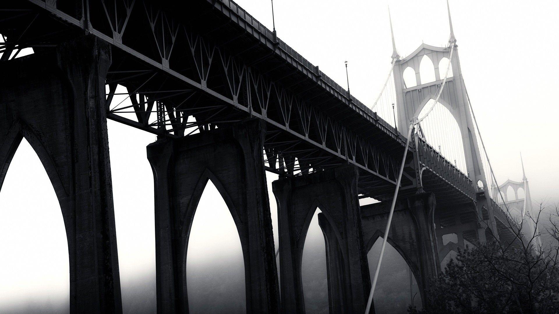 1920x1080 bridge, Monochrome, St. Johns Bridge, Portland, Oregon, USA