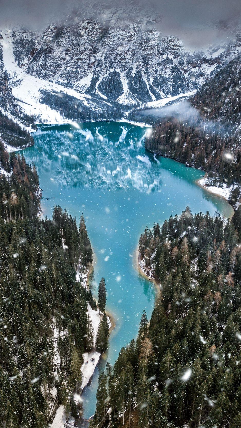 938x1668 Download wallpaper 938x1668 mountains, lake, winter, snowfall