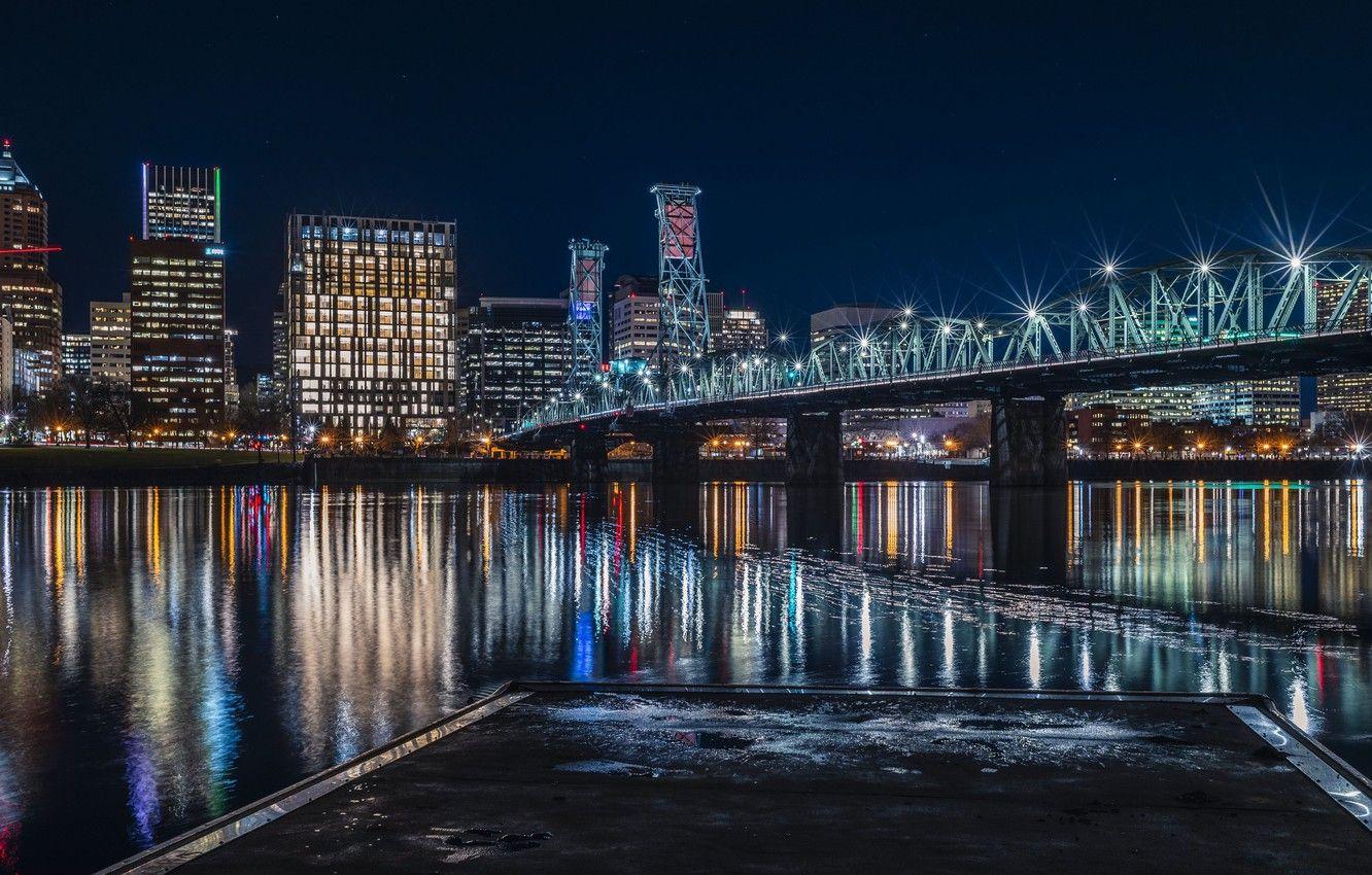 1332x850 Wallpaper city, lights, USA, river, skyline, Oregon, bridge, water