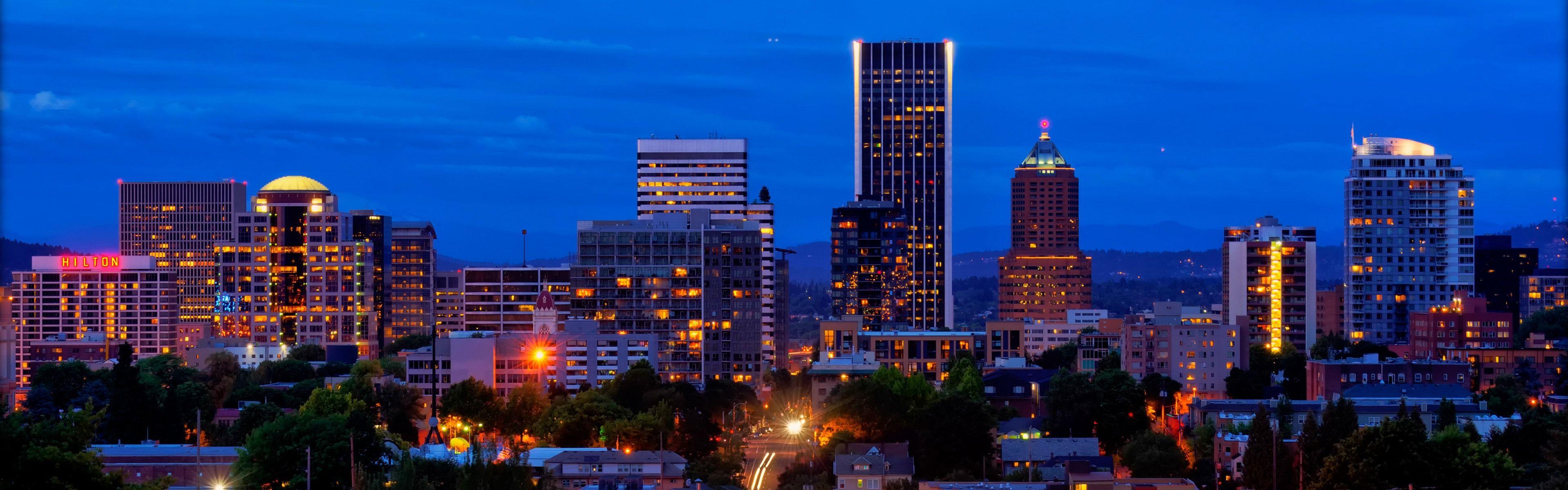 3840x1200 Portland, USA, city, skyscrapers, night, lights 1125x2436 iPhone