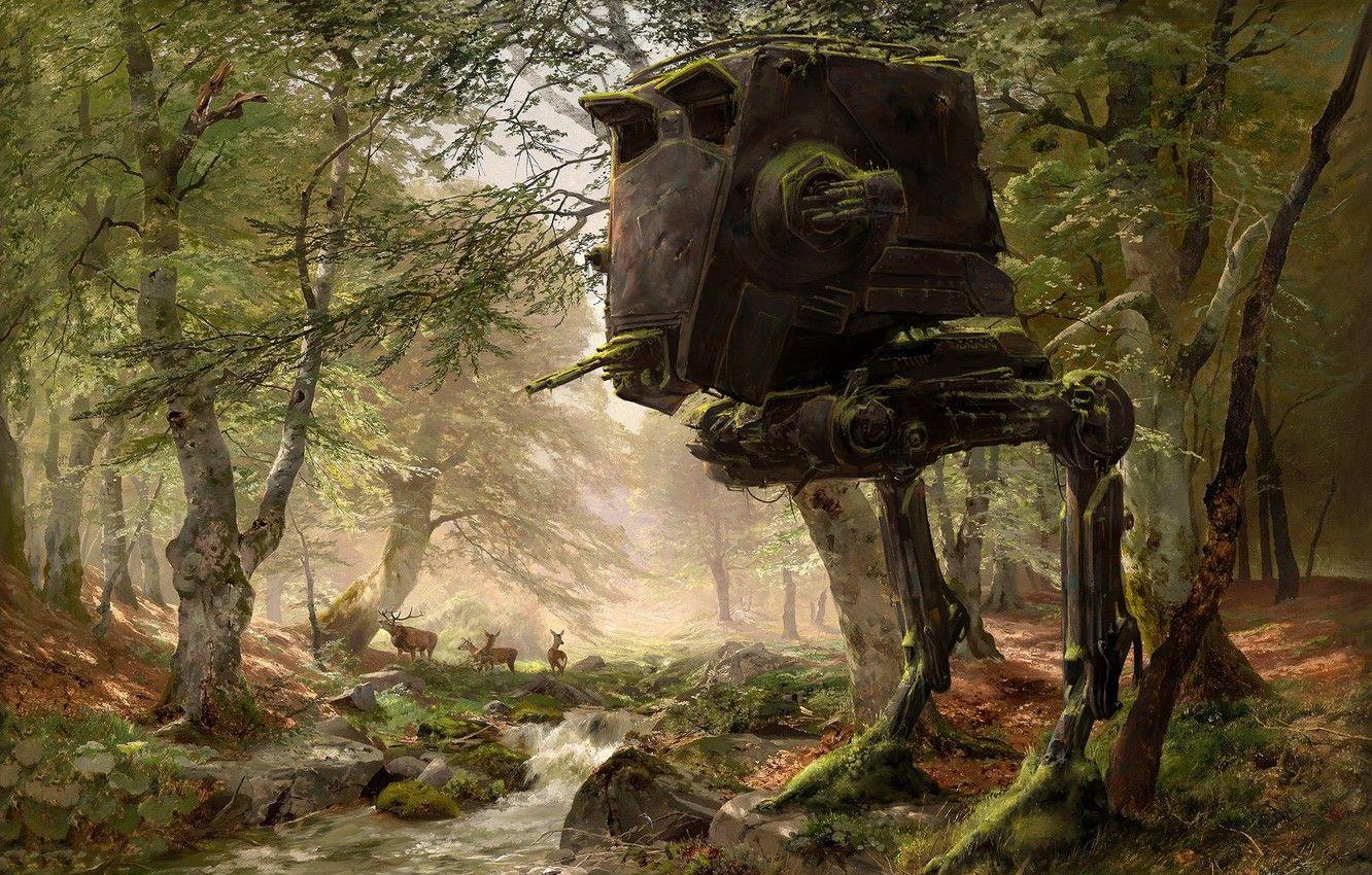 1332x850 Wallpaper Forest, Trees, Star Wars, Robot, Deer, Art, AT ST