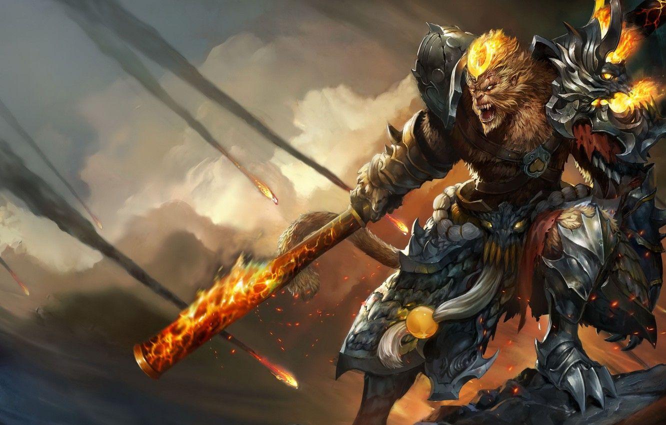 1332x850 Wallpaper fire, warrior, art, armor, League of Legends, Wukong