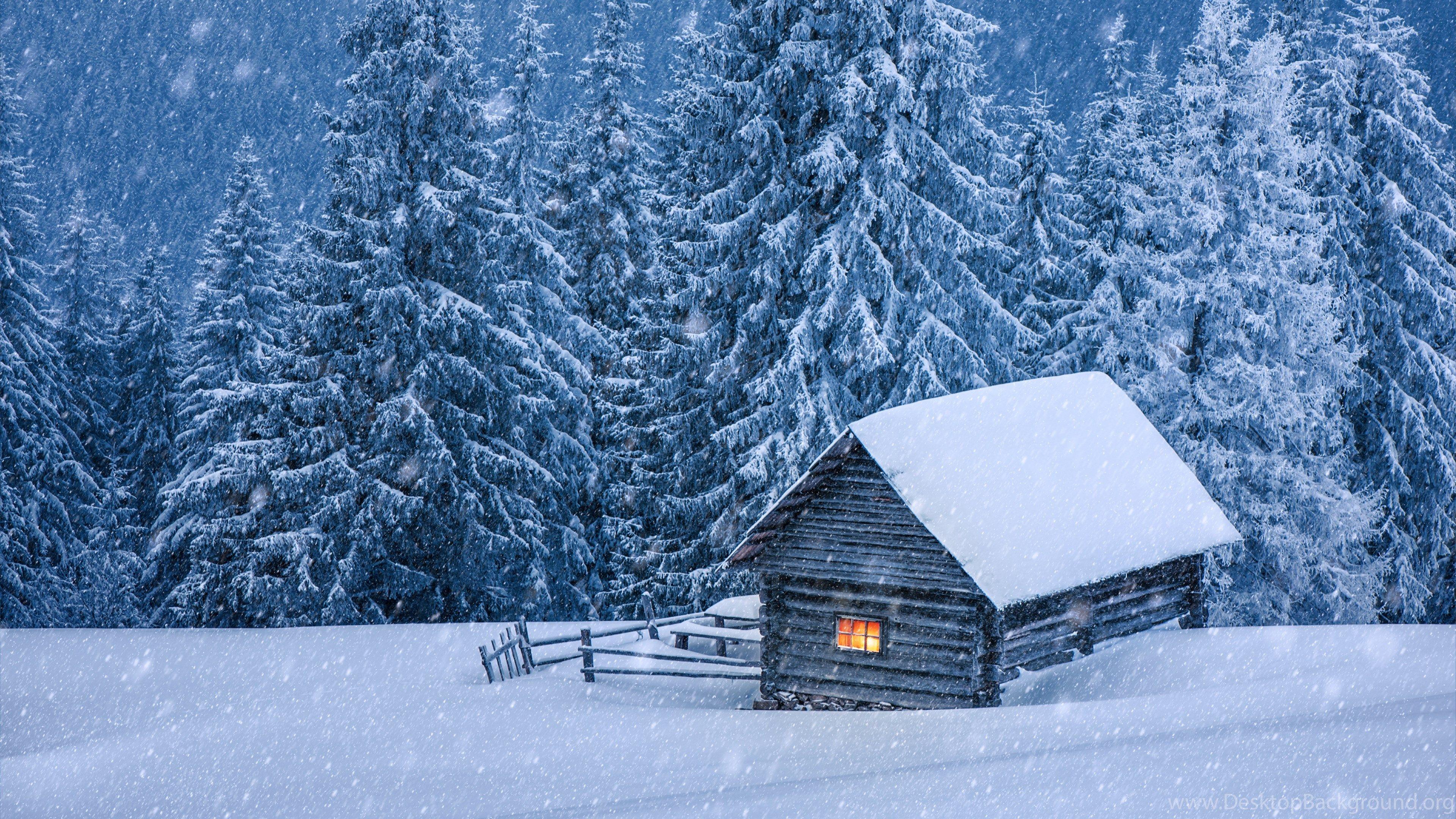 3840x2160 Nature Hut Forest Snow Winter Trees Cabin Wallpaper Desktop
