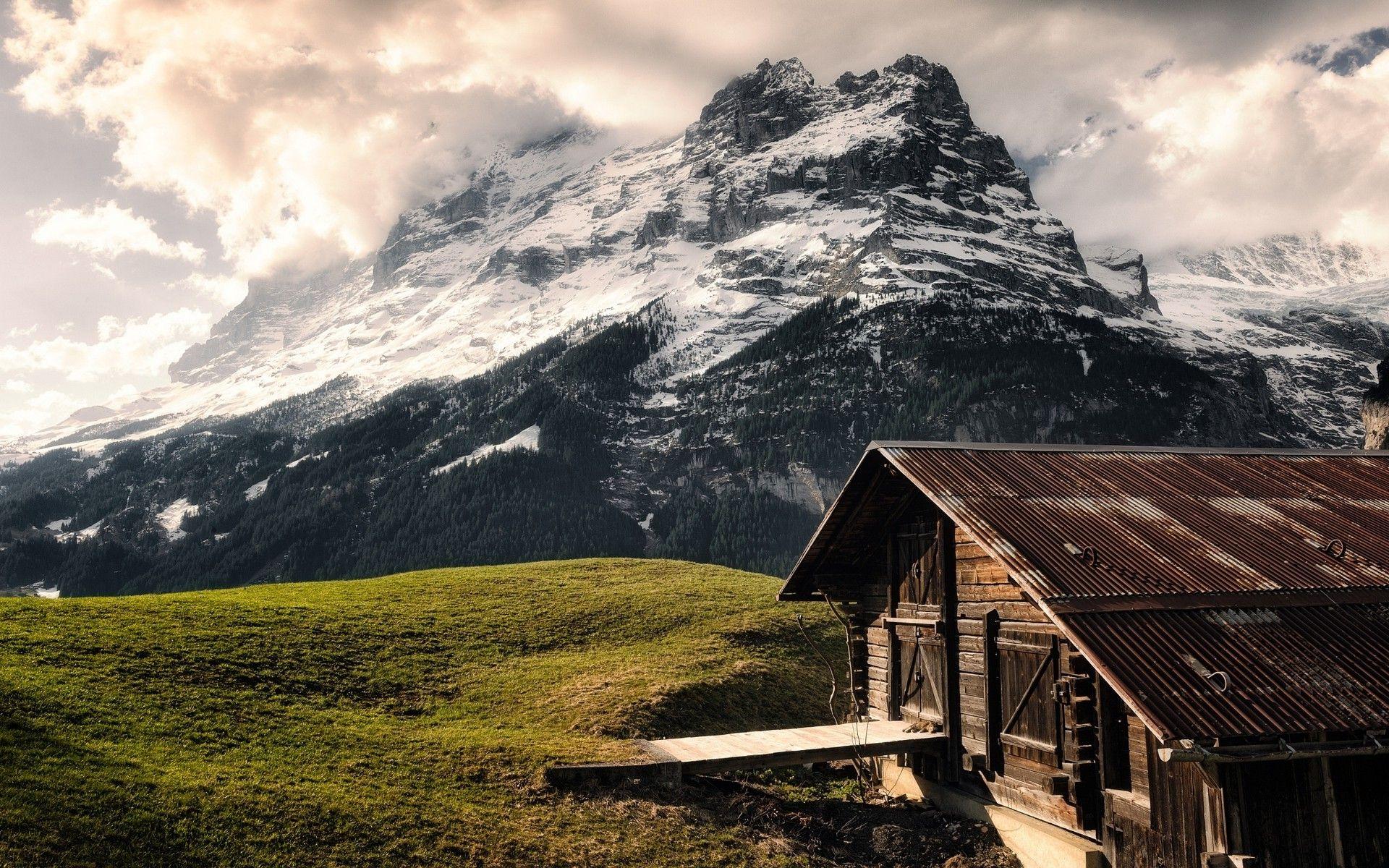 1920x1200 nature, Landscape, Mountain, Cabin, Forest, Clouds, Grass, Alps