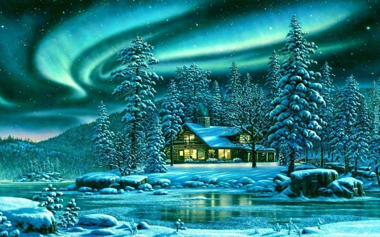 1280x800 Snowy Trees Cabin River Aurora wallpaper. Snowy Trees Cabin