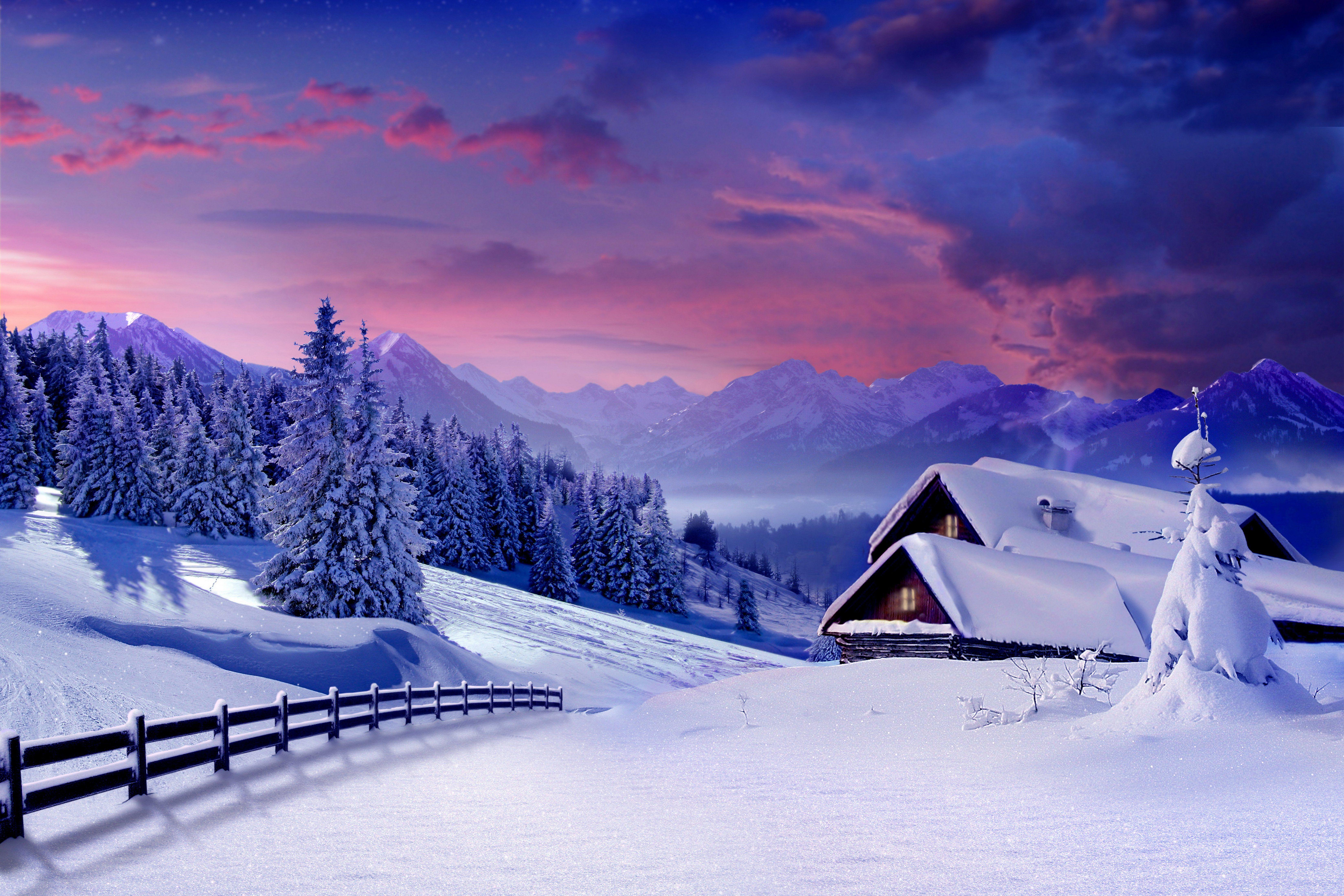 6600x4400 Nature hut forest snow winter trees cabin wallpaperx4400