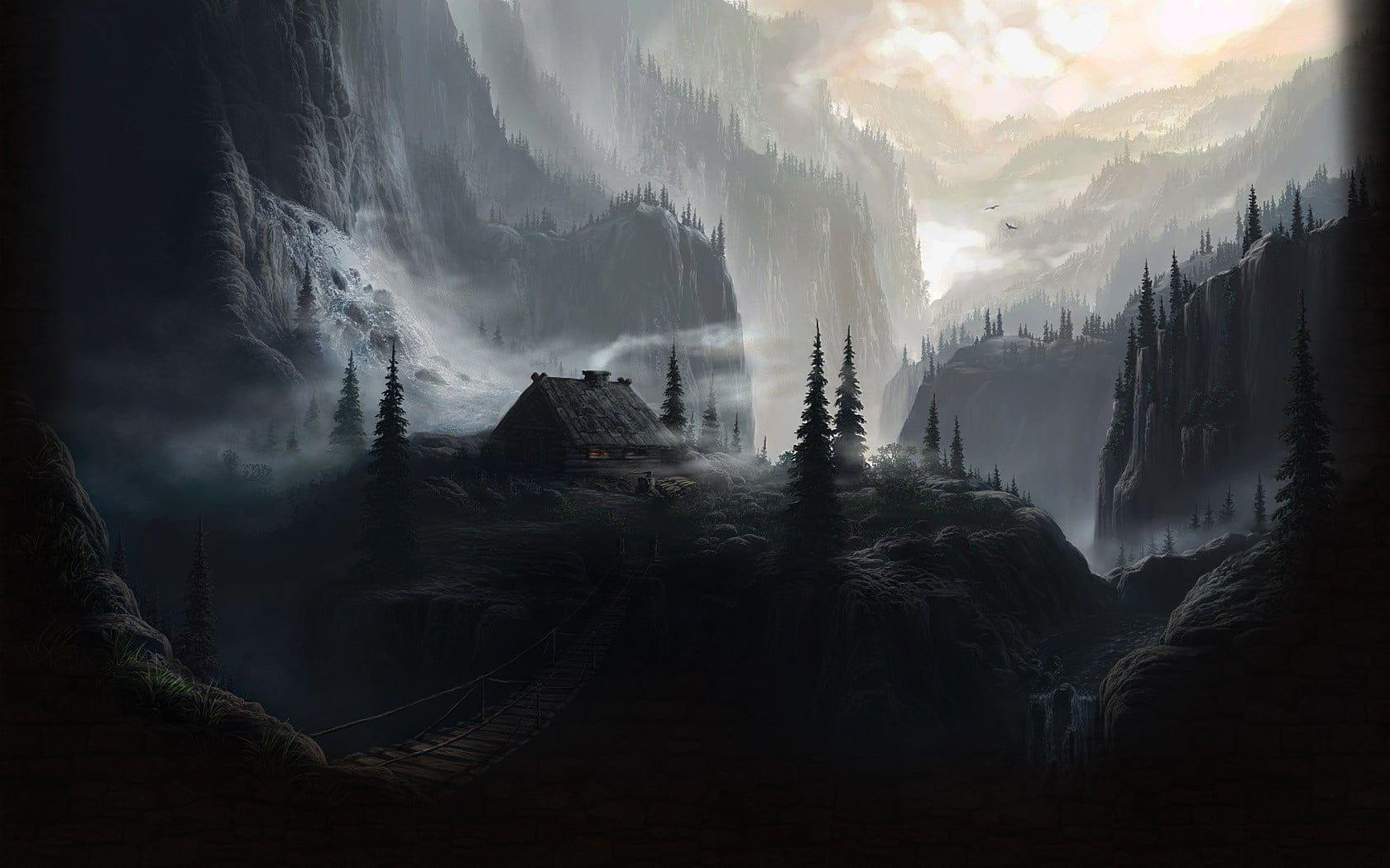 1680x1050 Black house surrounded by trees and mountains painting, nature