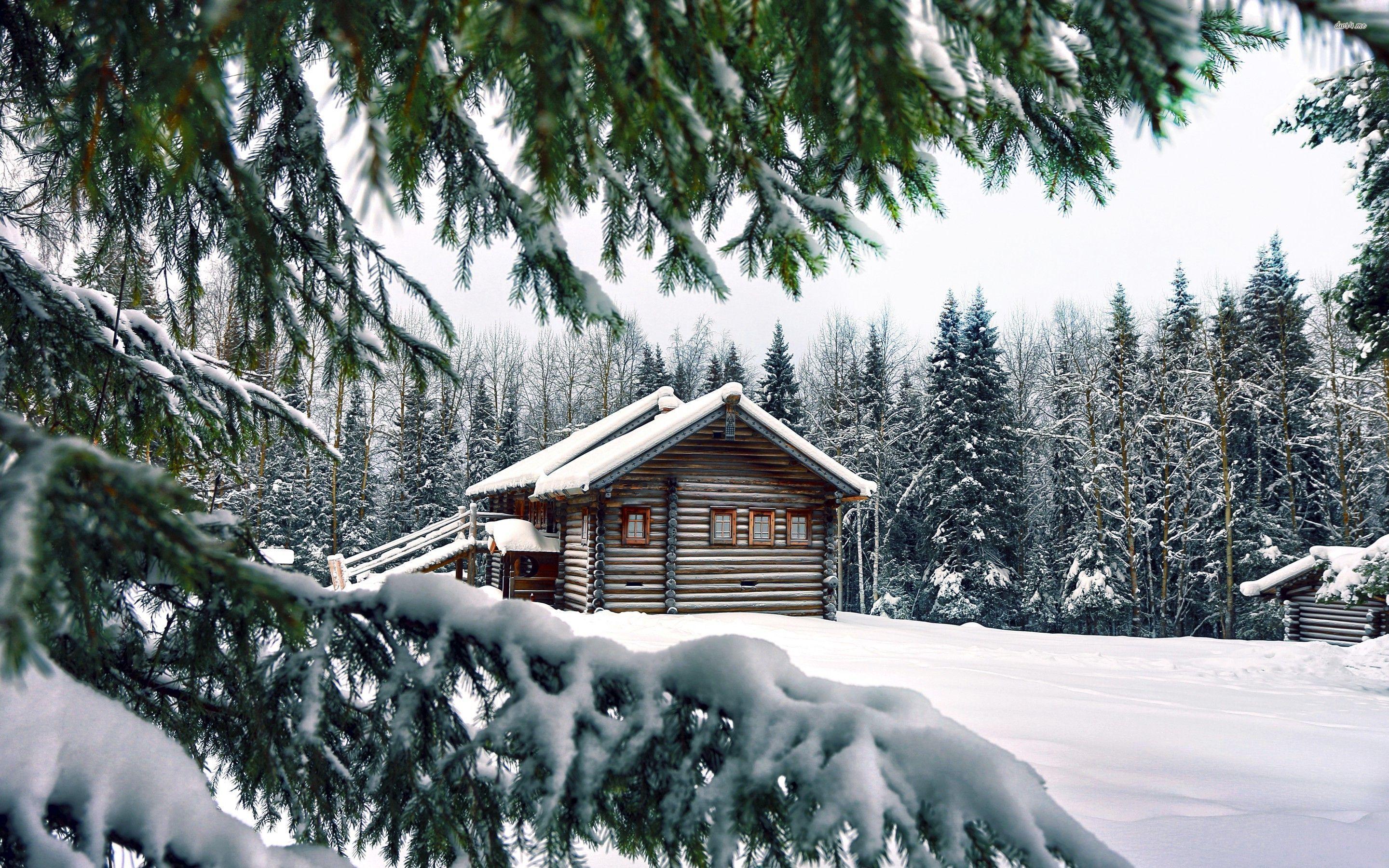 2880x1800 Mountain Cabin Winter Wallpaper