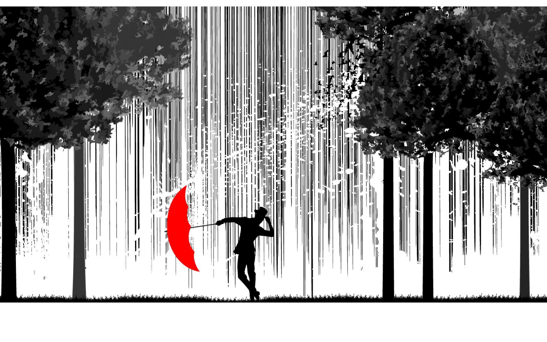 1920x1200 Download wallpaper trees, rain, umbrella, silhouette, section