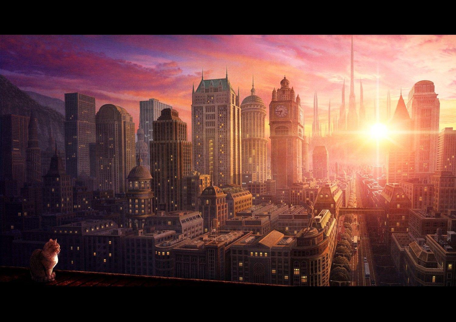 1500x1058 sunrise, City, Cityscape, Cat, Detailed Wallpaper HD / Desktop and Mobile Background