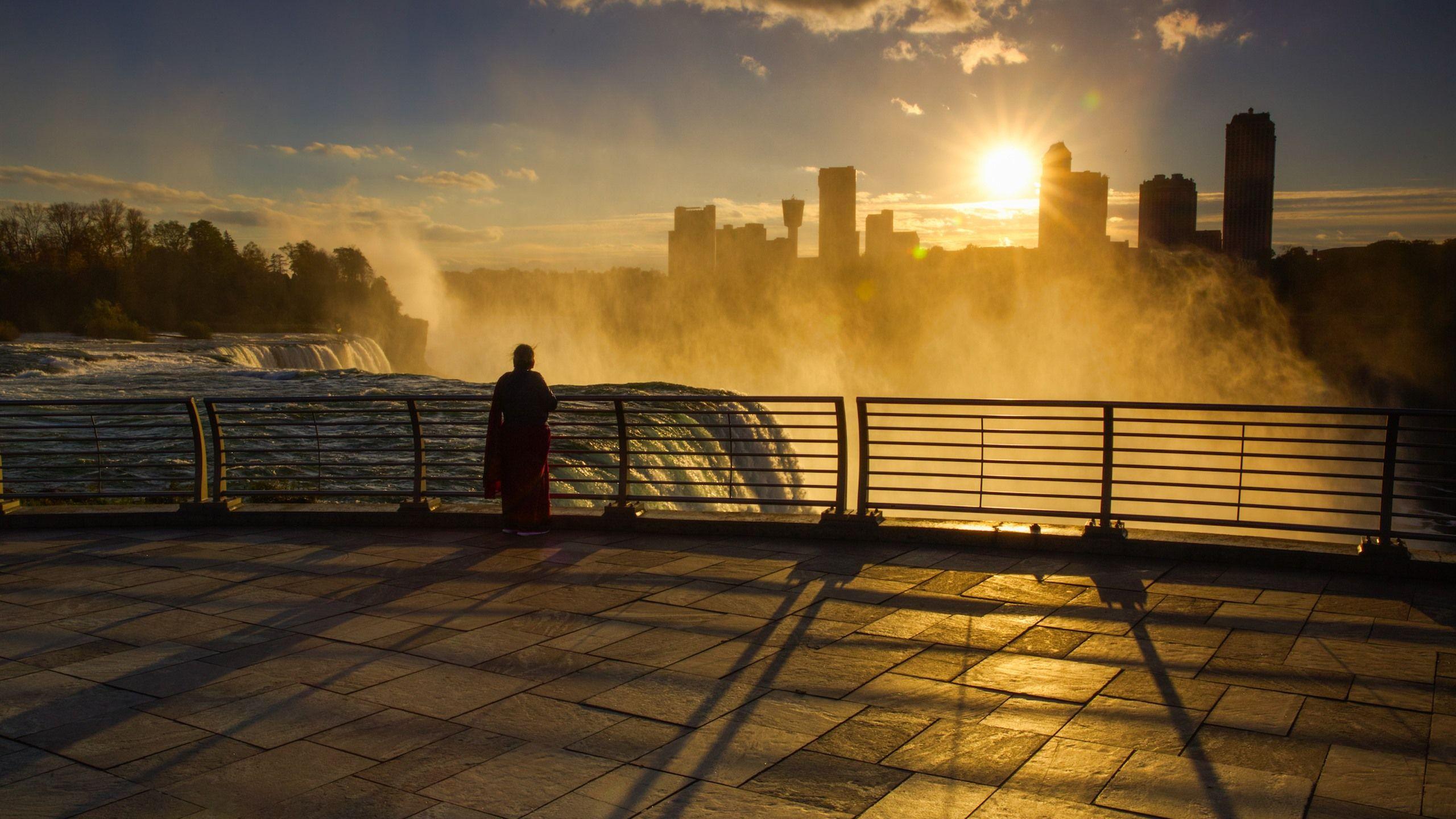 2560x1440 Wallpaper Niagara Falls, morning, fog, sunrise, city, USA 2560x1600 HD Picture, Image