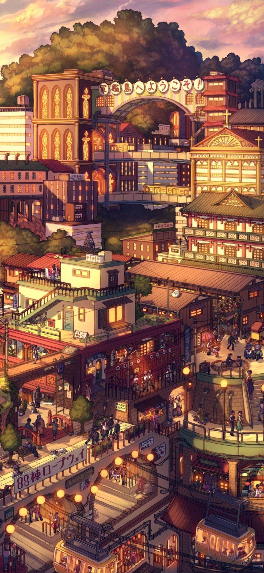 1125x2436 Download 1125x2436 Anime Landscape, Cityscape, People, Japanese Architecture, Shrine, Asano Shiki, #DATDETAILS Wallpaper for iPhone X