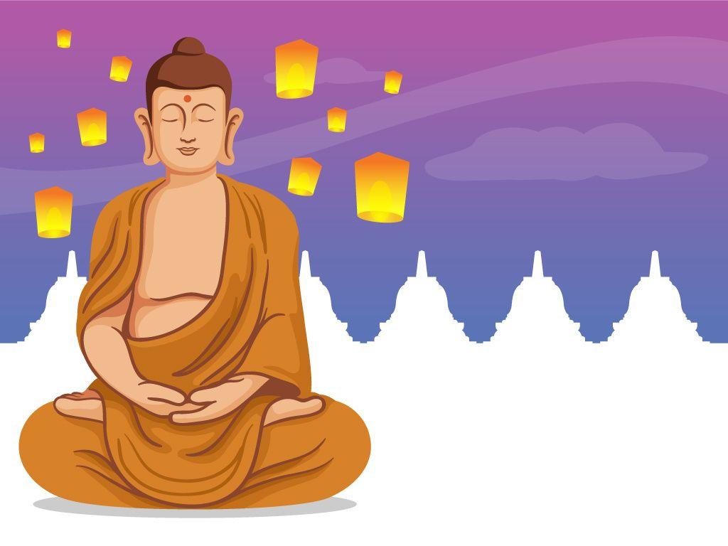 1024x768 Sitting Buddha In Front Of Flying Vesak Lantern