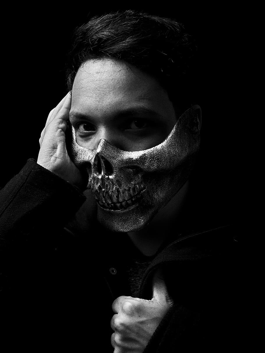 910x1213 HD Wallpaper: Man Wearing Skull Mask, Black And White, Black And White, Guy