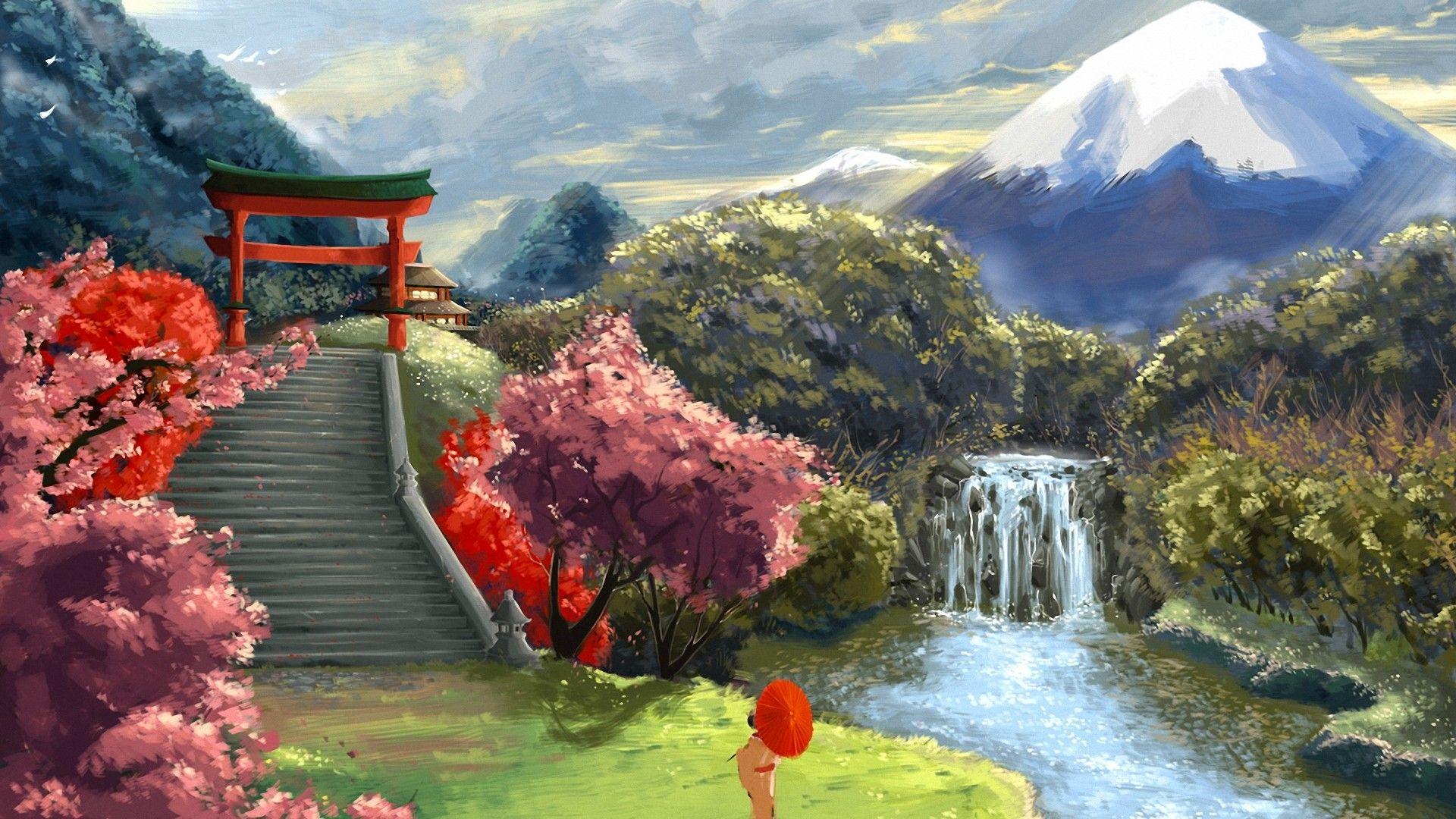 1920x1080 Download Wallpaper waterfall river mountain art temple geisha