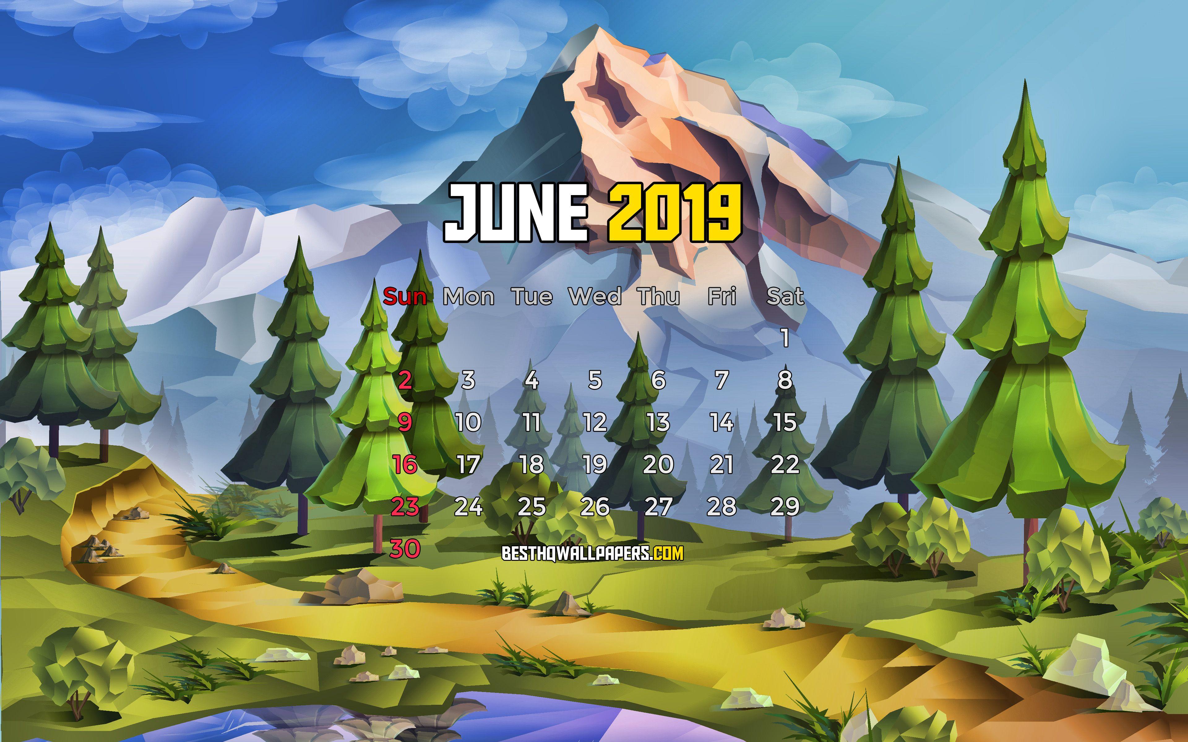 3840x2400 Download wallpaper June 2019 Calendar, 4k, summer landscape, 2019