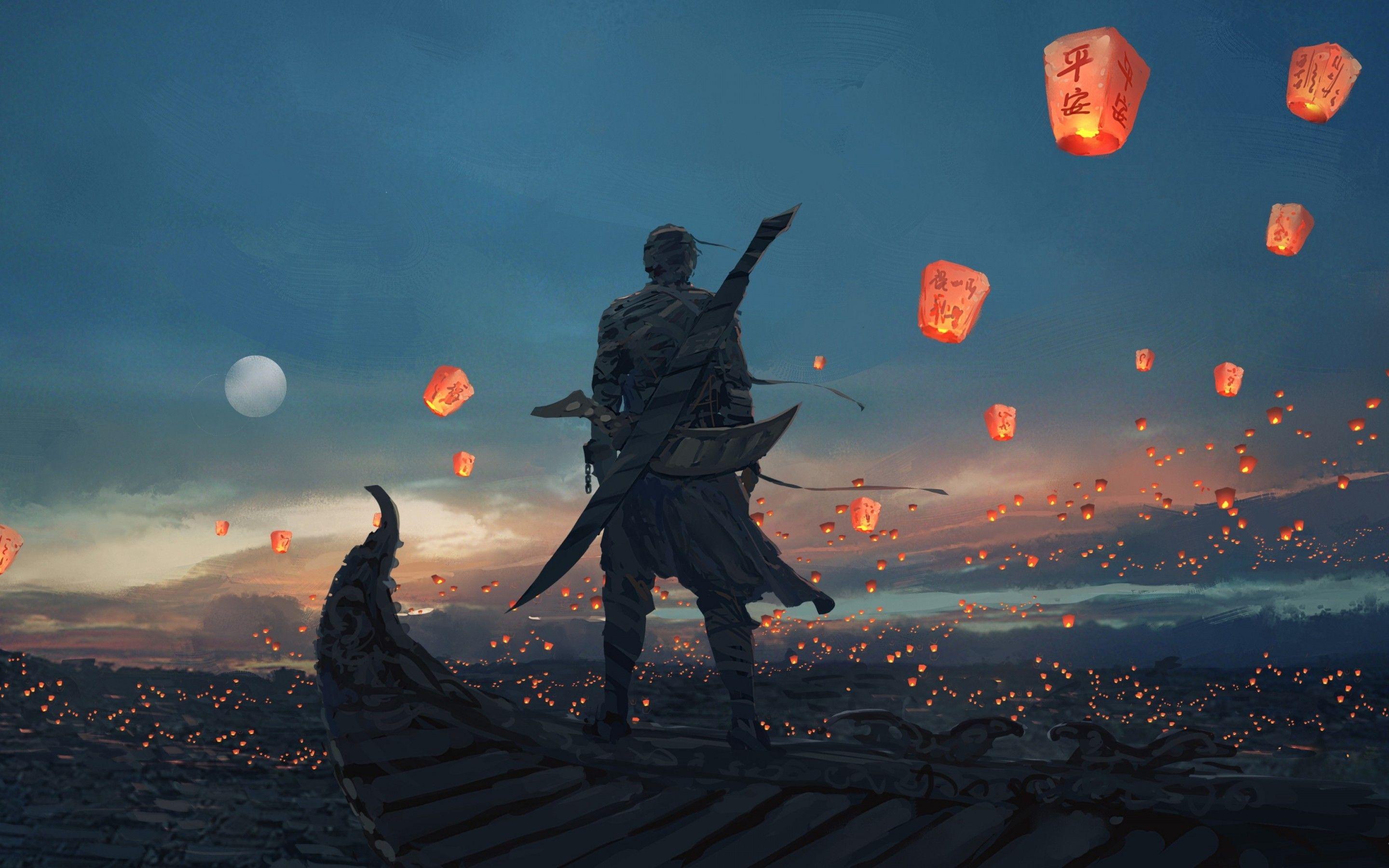 2880x1800 Download 2880x1800 Fantasy Landscape, Asian Building, Lanterns, Sky