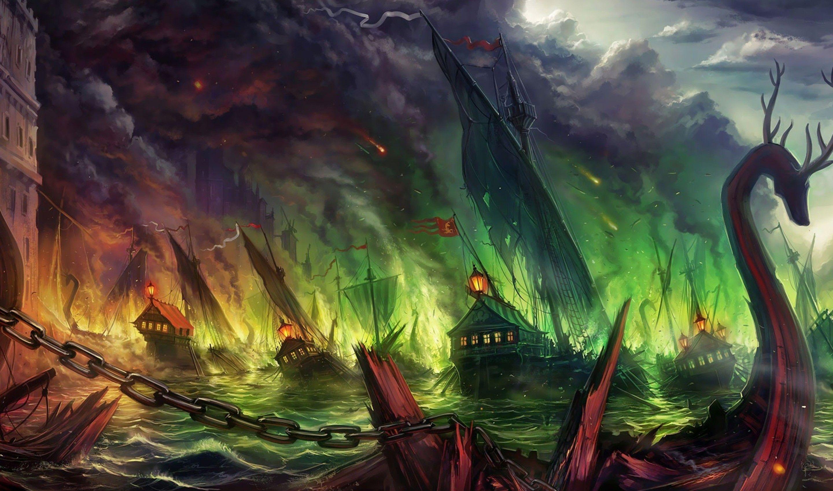 2880x1700 war, fire, storm, ships, Game of Thrones, A Song Of Ice And Fire