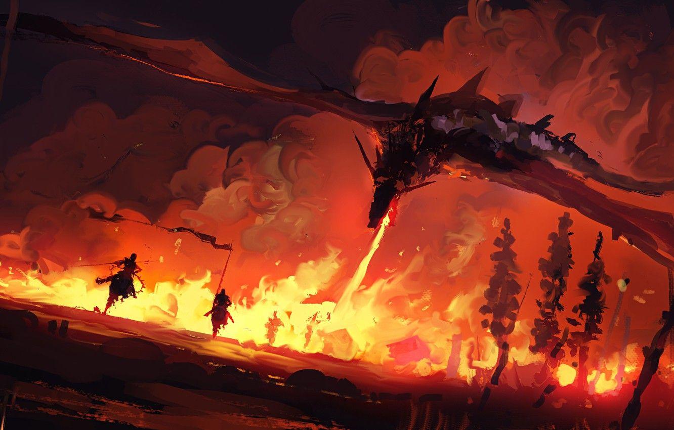 1332x850 Wallpaper fire, fantasy, trees, painting, dragon, battle, Game of Thrones, digital art, knights, Song of Ice and Fire, film, artwork, Jaime Lannister, TV series, Drogo, fatasy art image for desktop, section фильмы