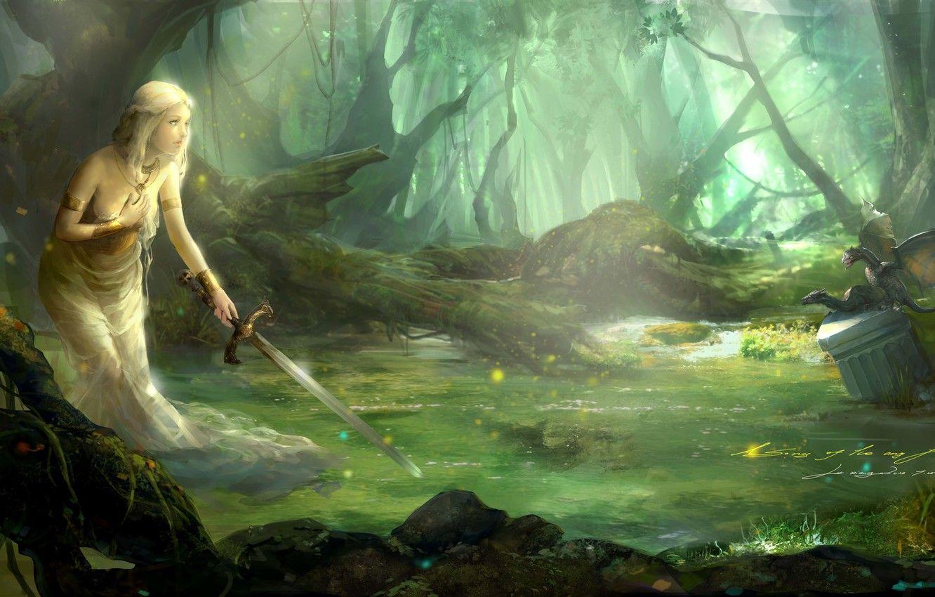 1332x850 Wallpaper forest, water, girl, dragons, sword, art, A Song of Ice