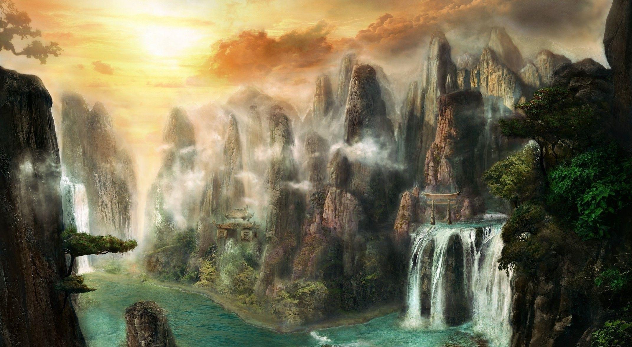 2144x1180 digital art fantasy art nature mountain landscape waterfall trees