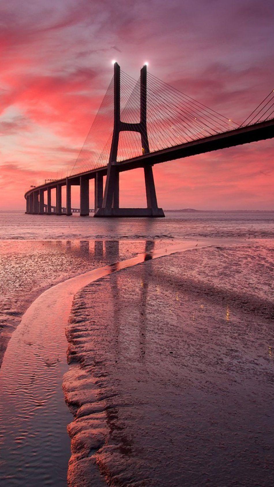 950x1689 Vasco Da Gama Bridge Sunset HD Mobile Wallpaper. Vasco da gama, Sunset wallpaper, Bridge photography