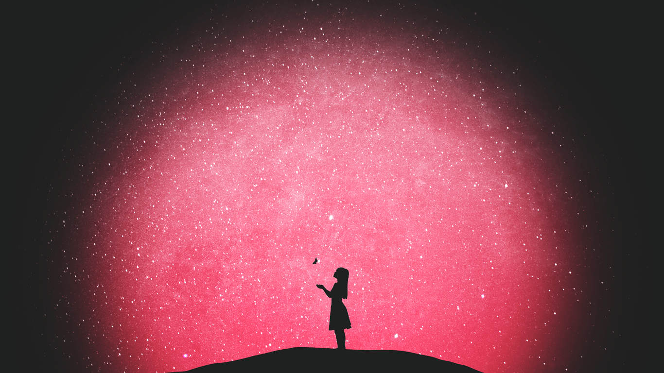 1366x768 Lonely Girl, Pink Sky, Stars, Night, Butterfly