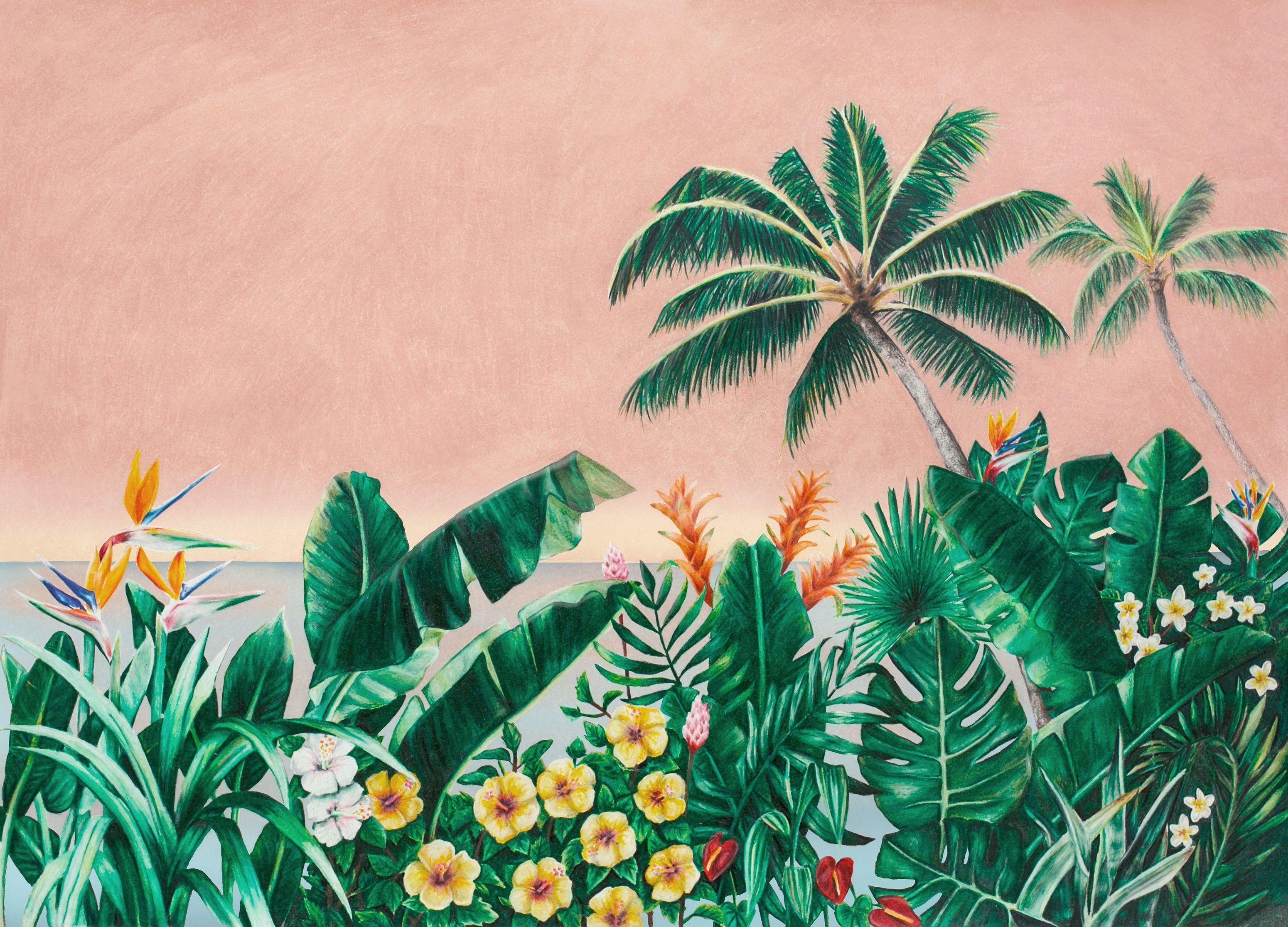 3100x2232 Melika Wall Mural, Green Tropical Palm Tree Wallpaper Decor