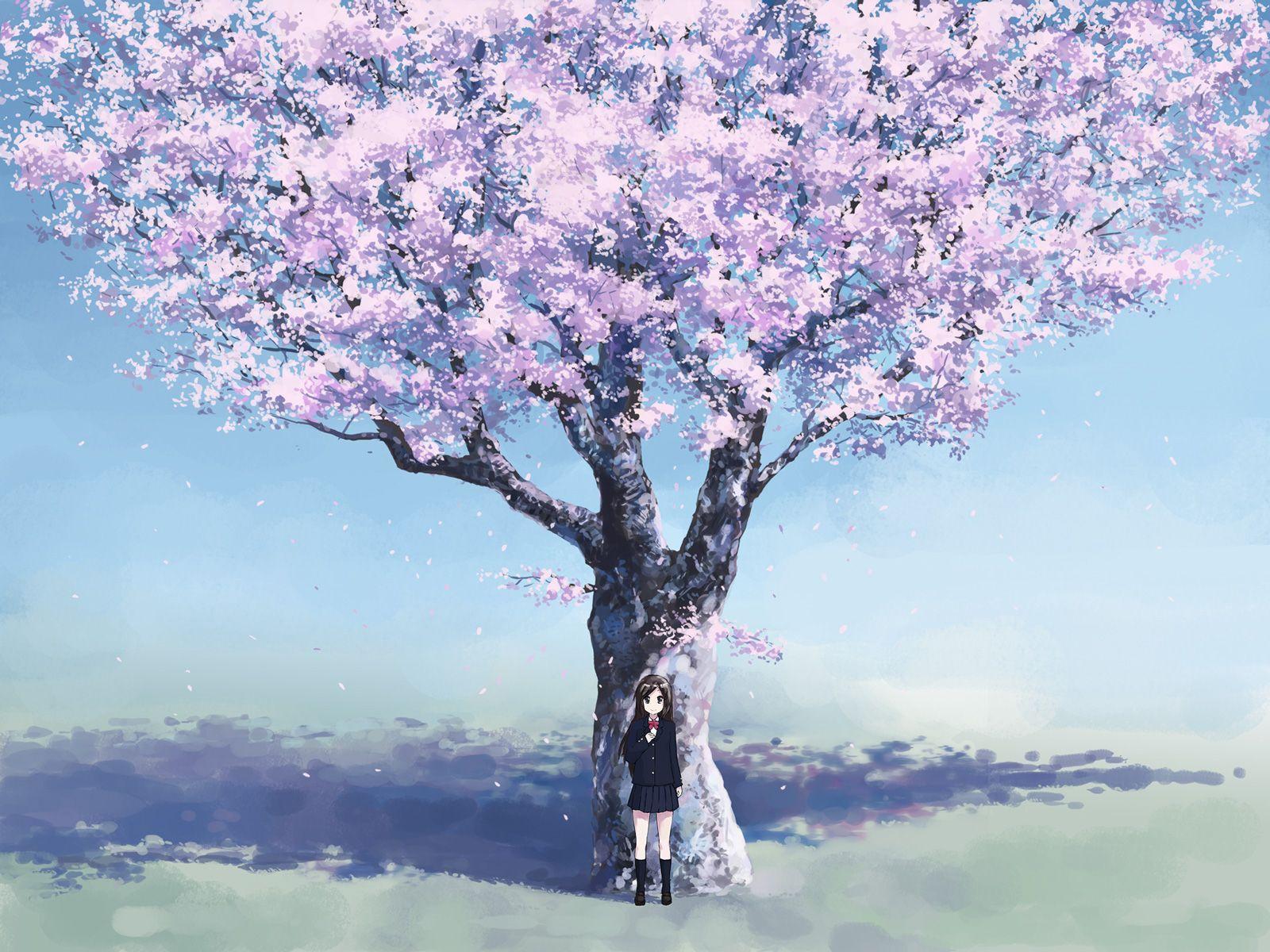 1600x1200 Girl Under Purple Tree Wallpaperx1200