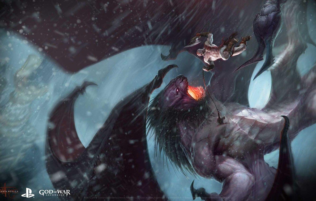 1332x850 Wallpaper snow, monster, drop, male, battle, God of War, Ascension