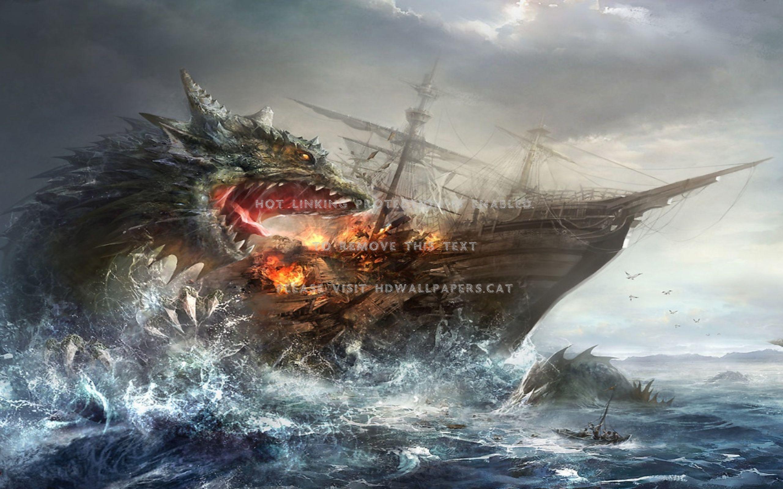 2560x1600 dragon attacking ship wyvern tarragon sail