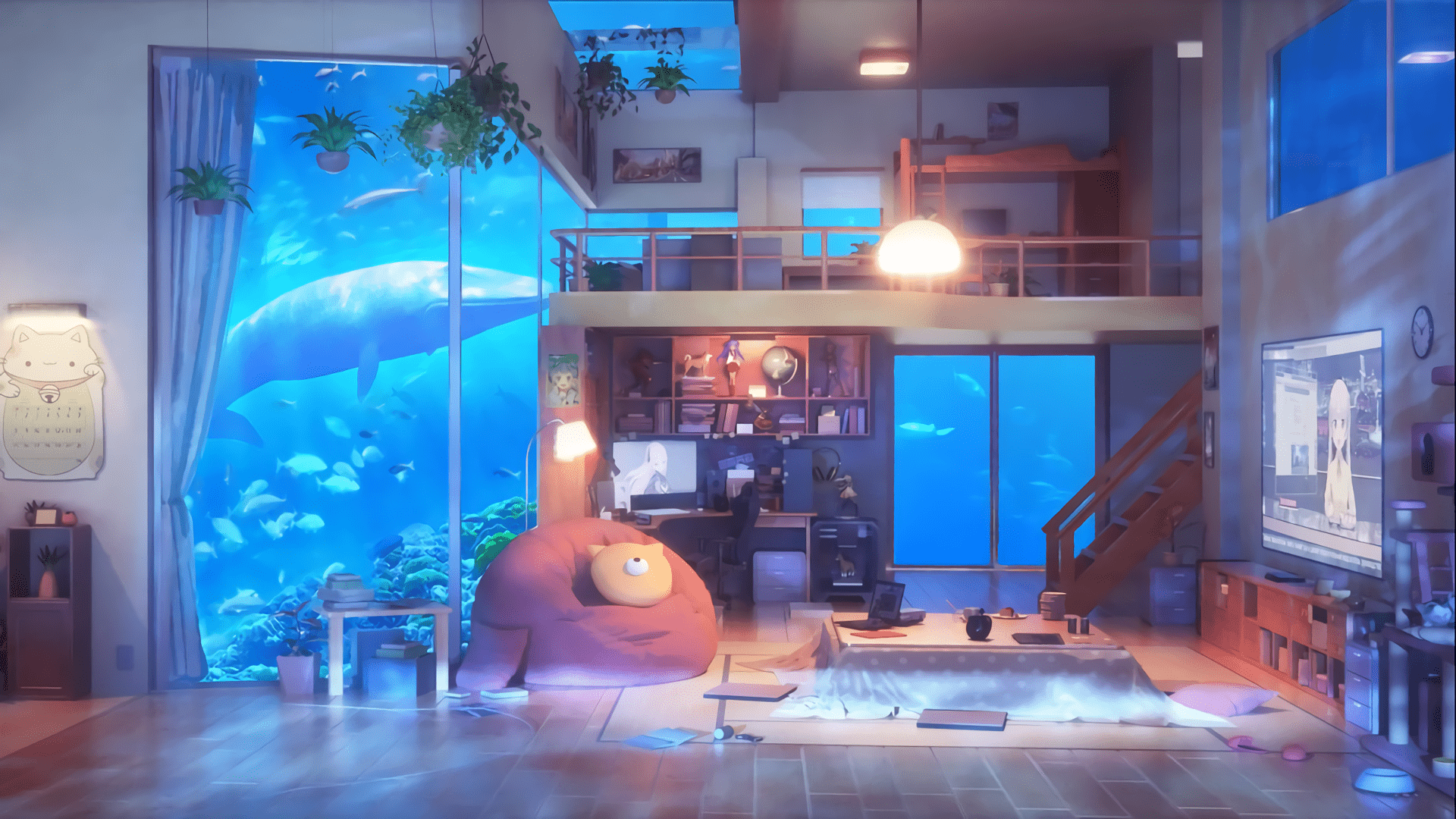 Anime Apartment Interior with Large Windows and Neon Lighting · Creative  Fabrica