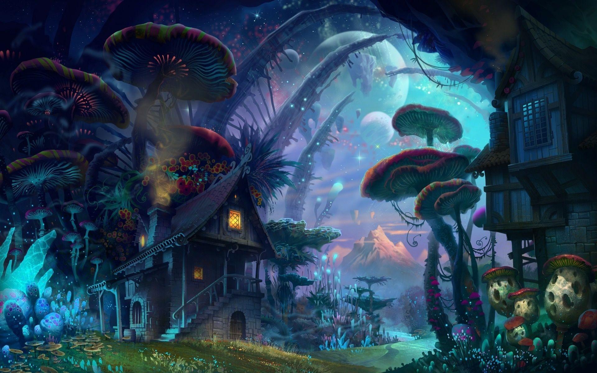 1920x1200 Wallpaper fantasy, house, mushroom, forest, moon desktop wallpaper