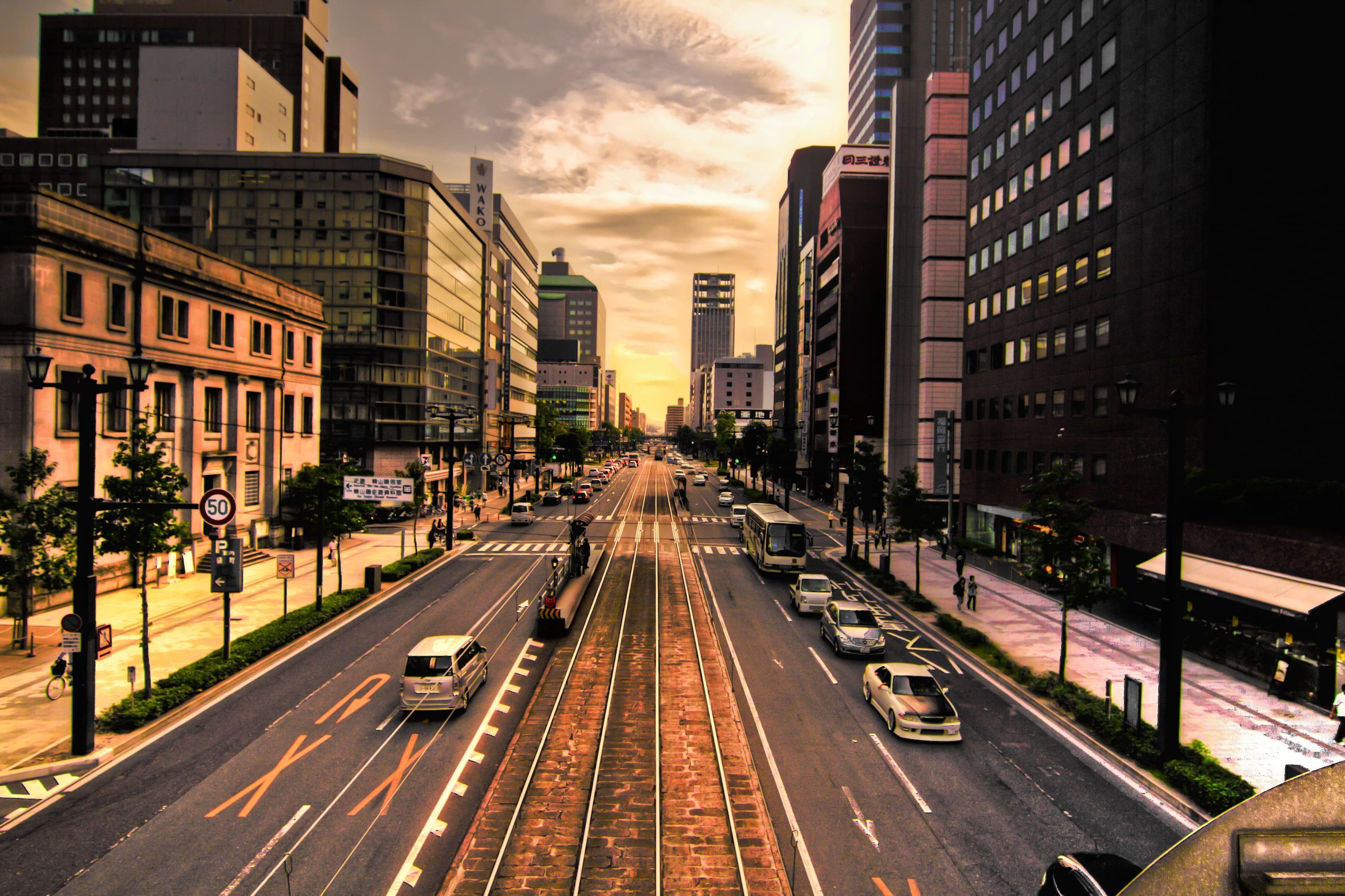 3000x2000 Cars on road between buildings, hiroshima HD wallpaper. Wallpaper
